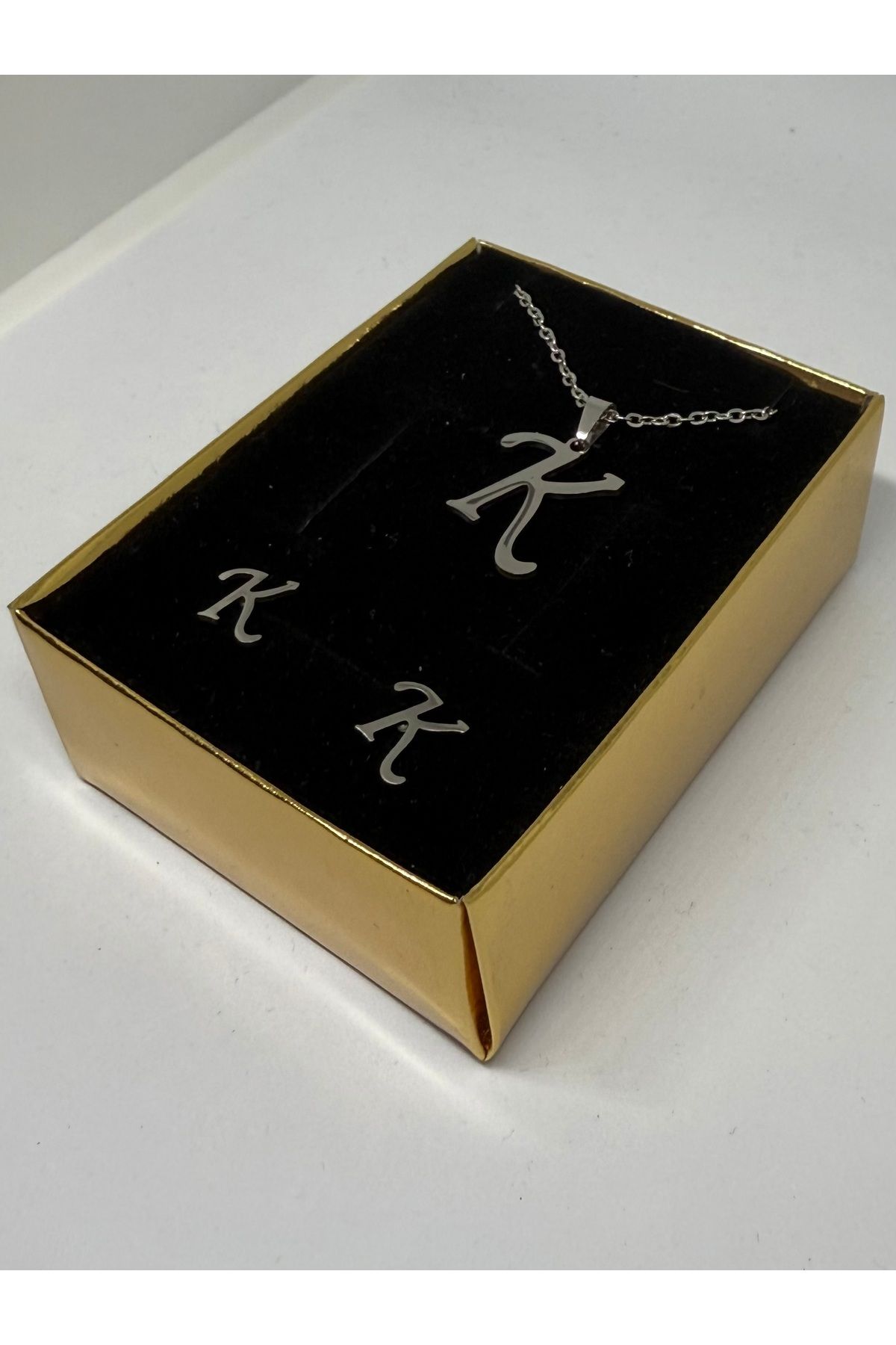 Gulsah's Store 316L Çelik silver K harfli kolye ve küpe seti
