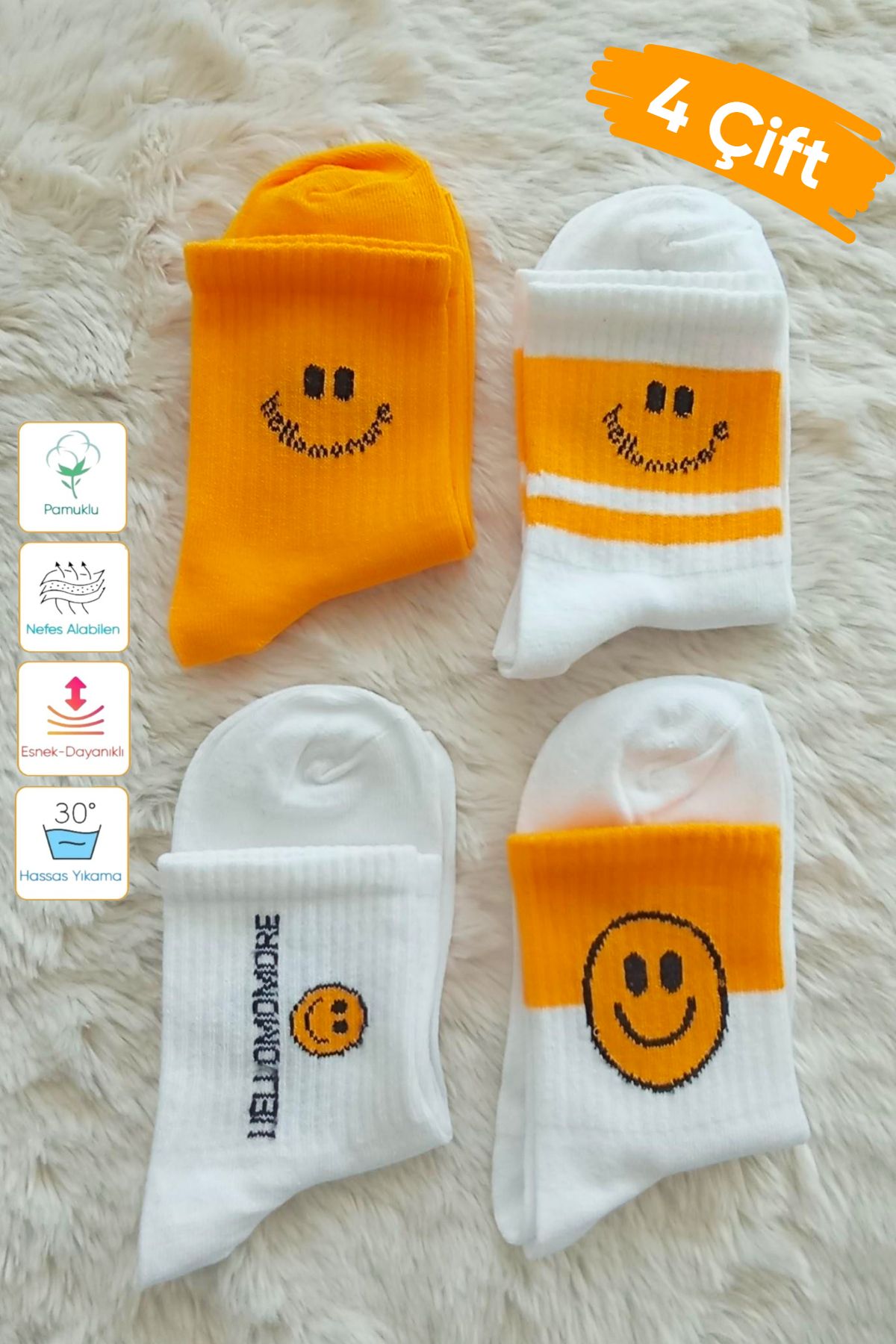 Esinti 4 Çift Pamuklu Emoji Desenli Soket Çorap – Kolej & Sneaker Uyumlu Erkek Kadın Unisex Çorap
