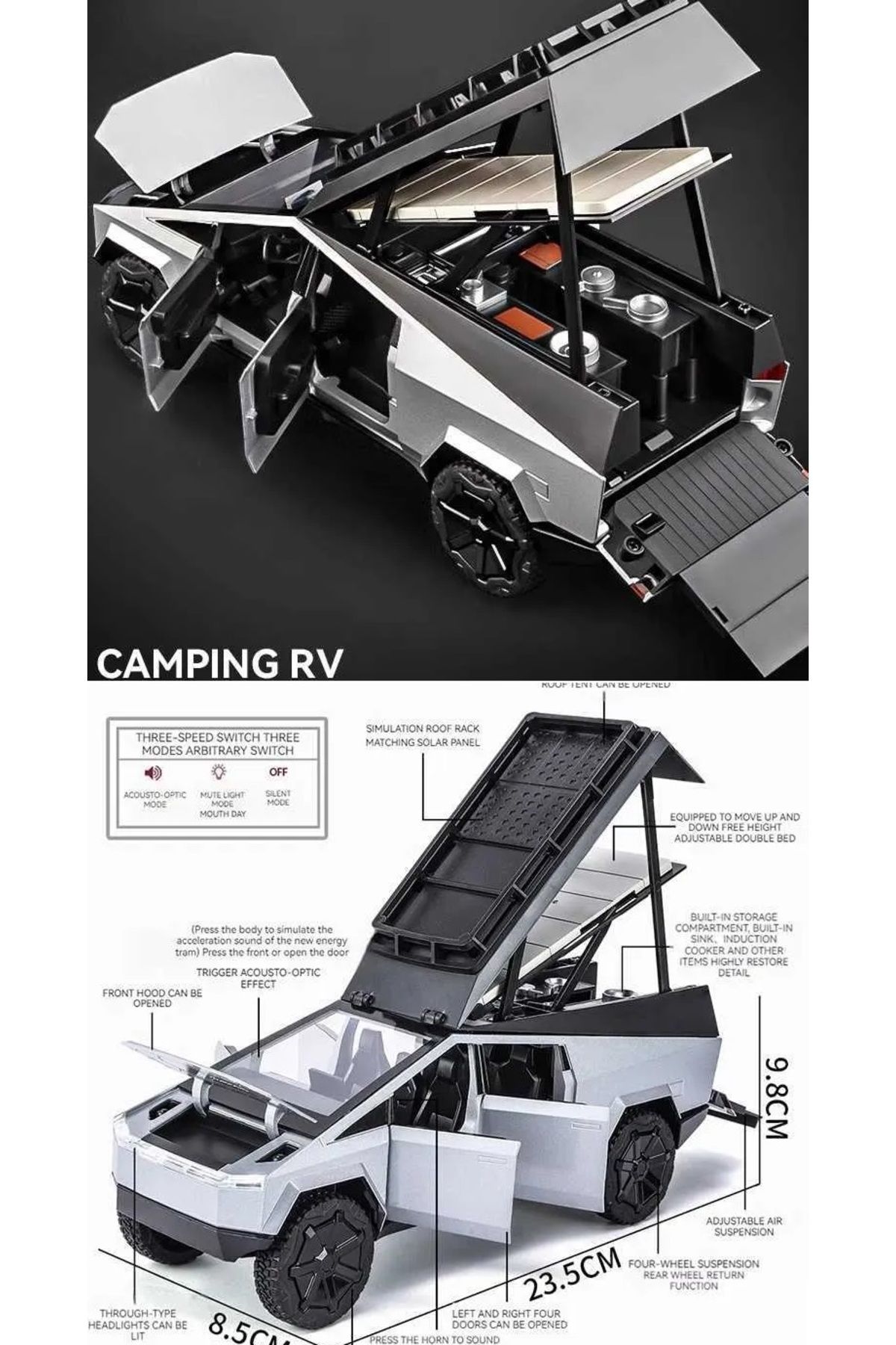 OYUNCAKSAHİLİ Tesla Cybertruck Pickup Kamp Diecast Metal Camping 1:24 Kamyonet Jip Sesli 6 Kapı Bagaj Açılır