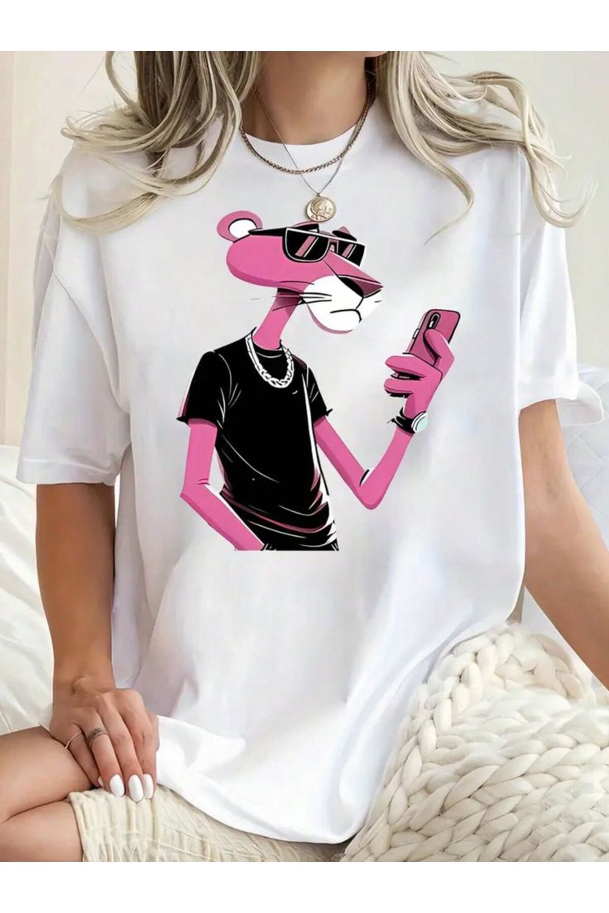 LUNAVISTA Pink Panther Baskılı Bisiklet Yaka Kısa Kol T-shirt