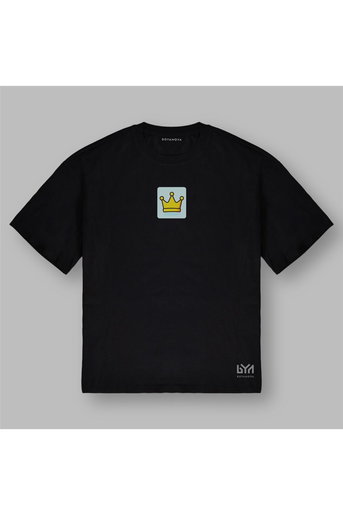 BOYANOVA Sarı Taç Figürlü Unisex Siyah Oversize Tişört