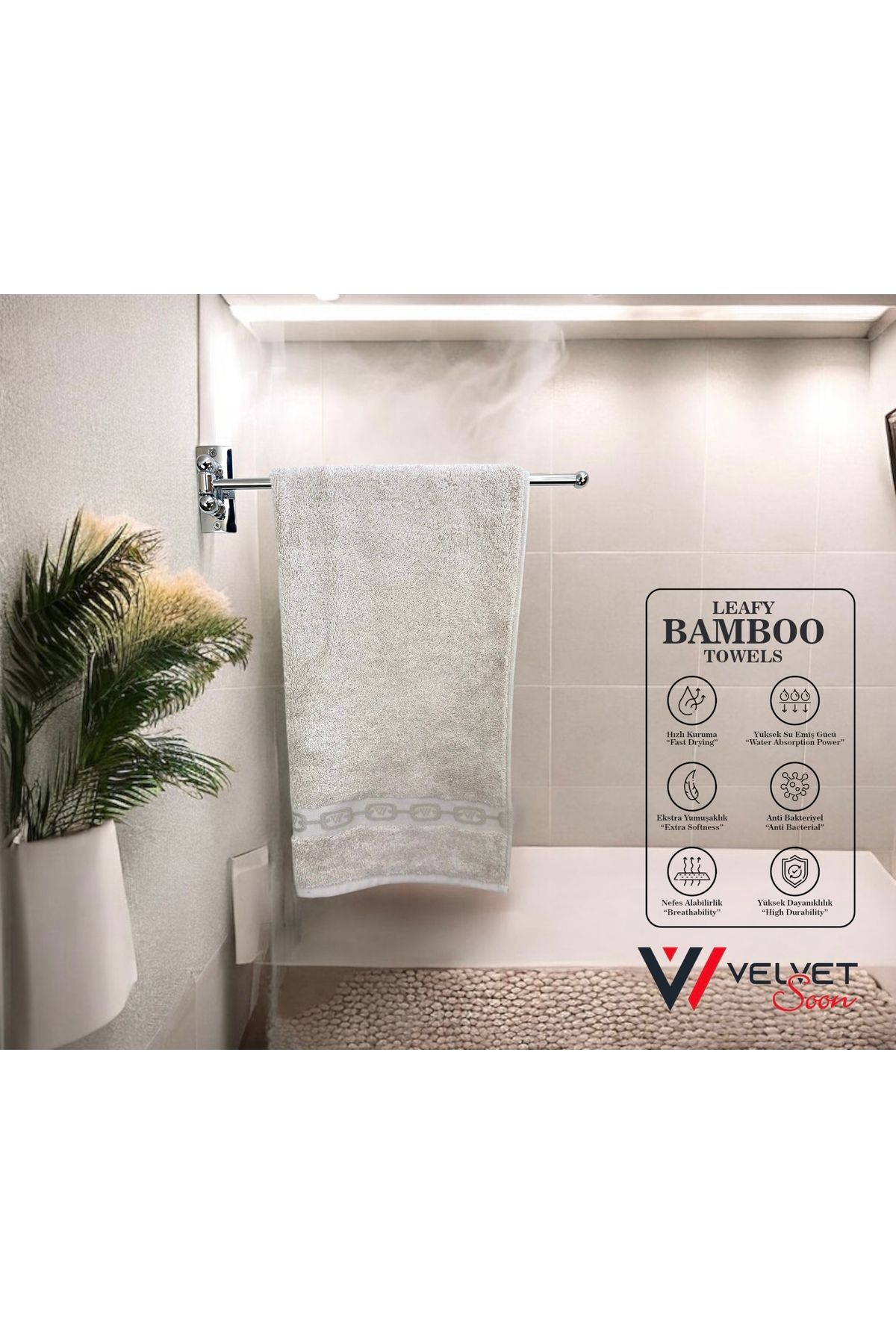 Velvet Soon Bambu Bej Zincir Bordür 50x90 Banyo Havlusu
