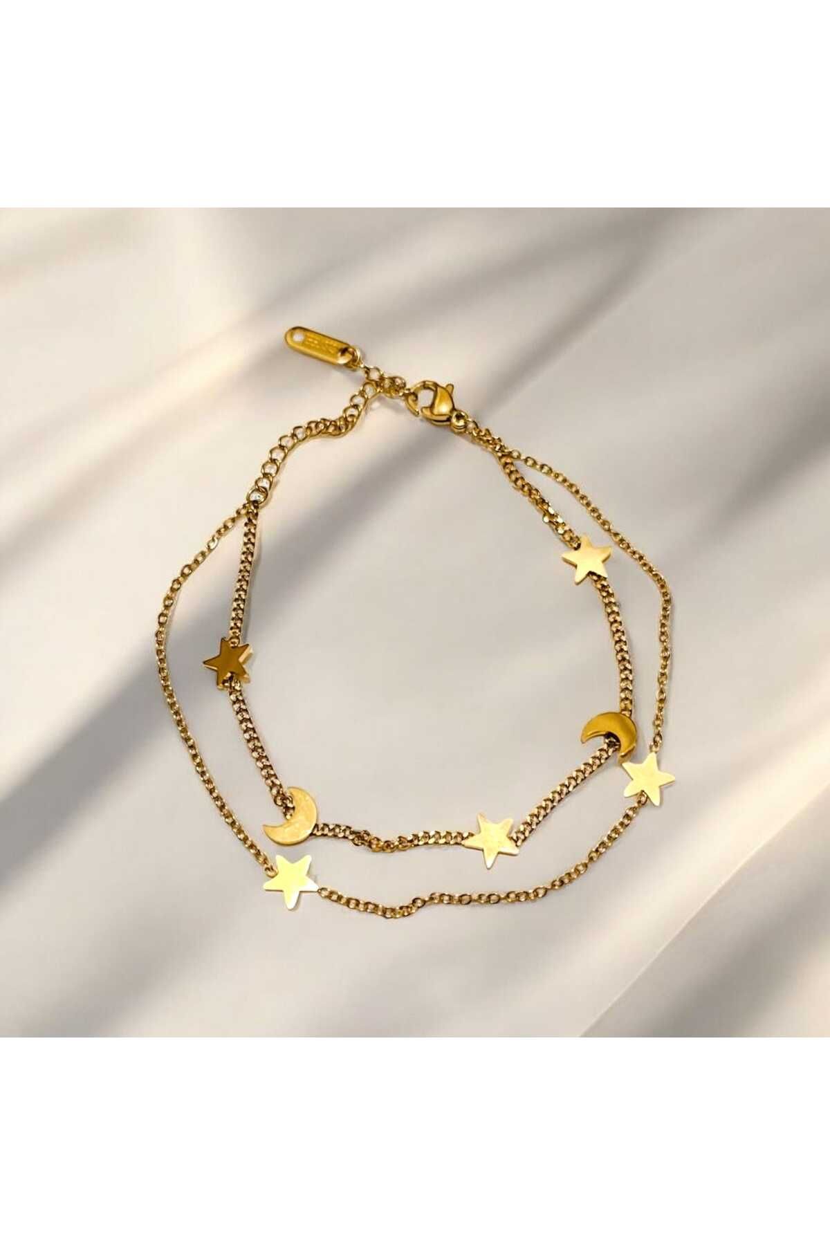 Butik Minimalist Ay ve Yıldız Motifli Çift Zincir Bileklik
