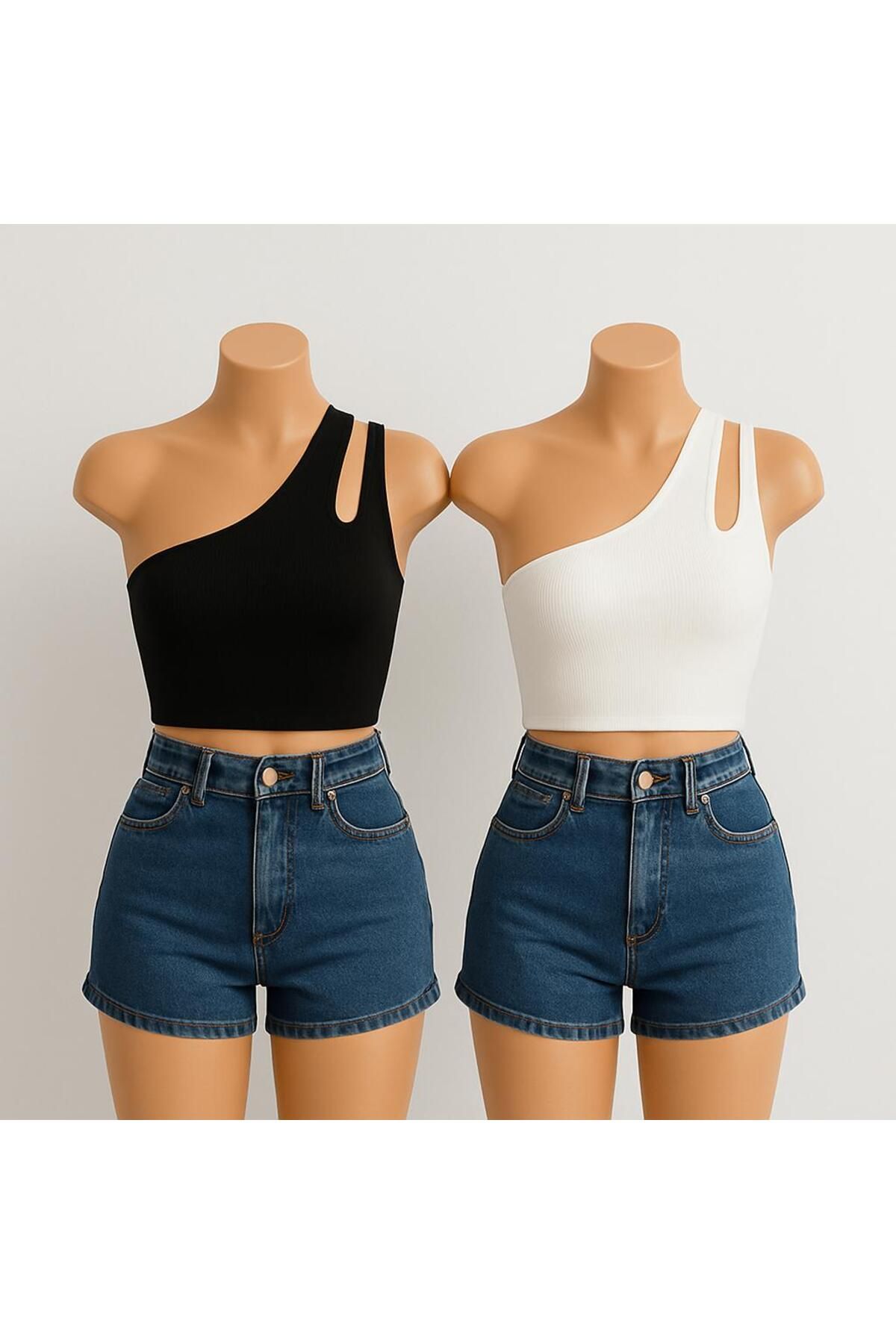 Stail Moda Kadın 2Lİ Siyah ve Beyaz 2'li Paket Tek Omuz Cut Out Detaylı Şık Crop Top Bluz