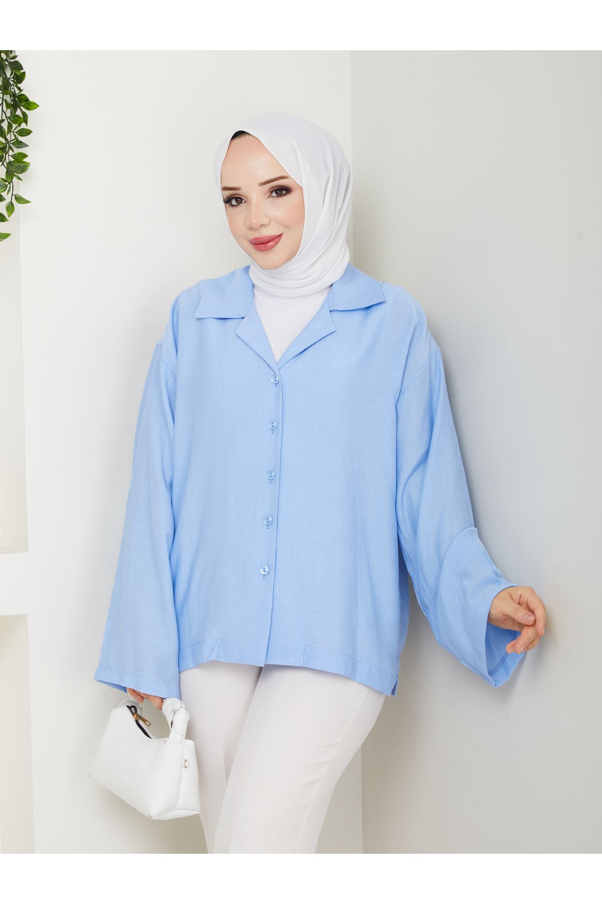 MODAMERSİ Kadın Mavi Dokulu Kumaş Oversize Gömlek