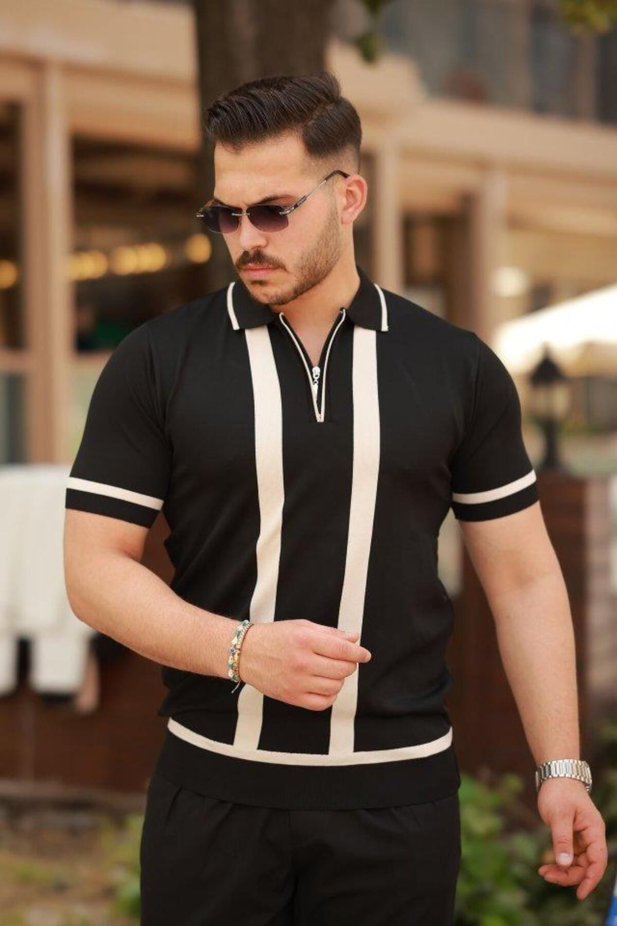 Aymood Erkek Fermuar Yakalı şerit Detaylı Kısa Kollu Tişört