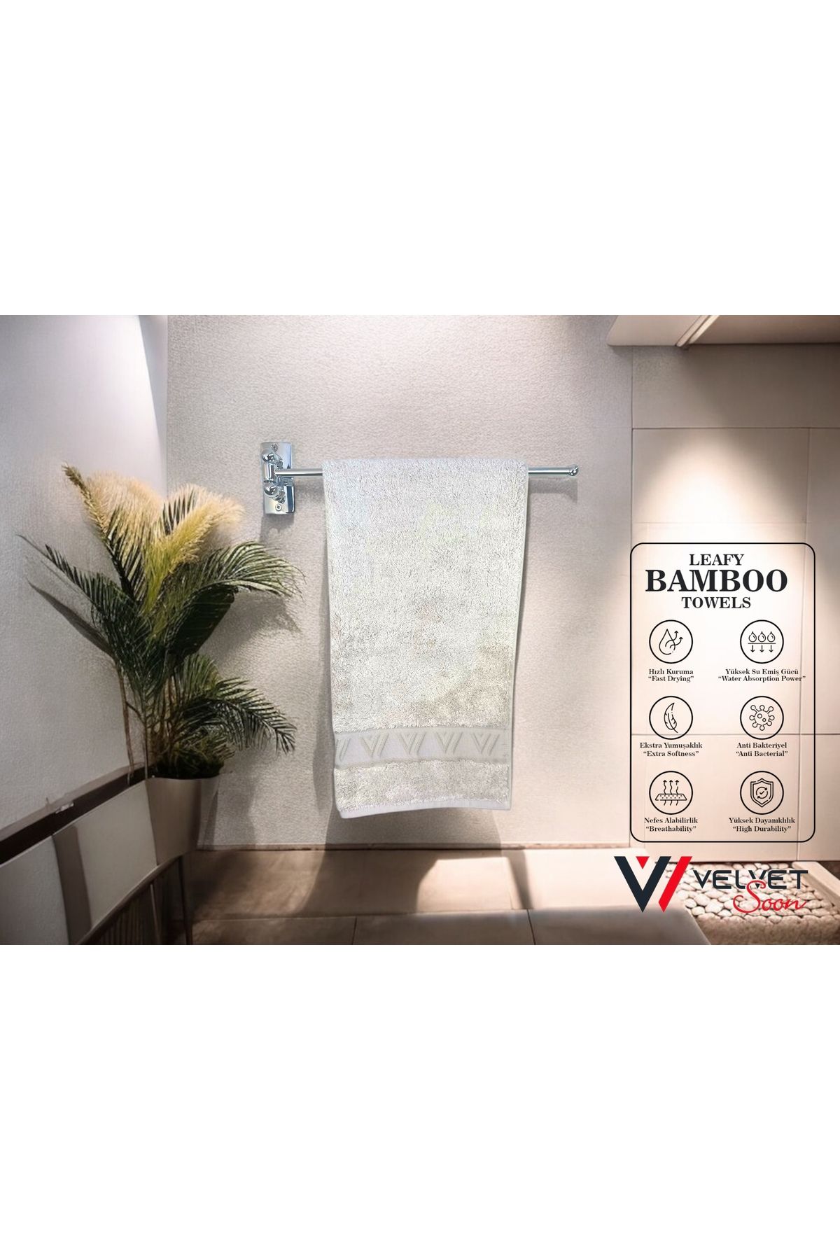 Velvet Soon Bambu Bej V Bordür 50x90 El Ve Yüz Havlusu