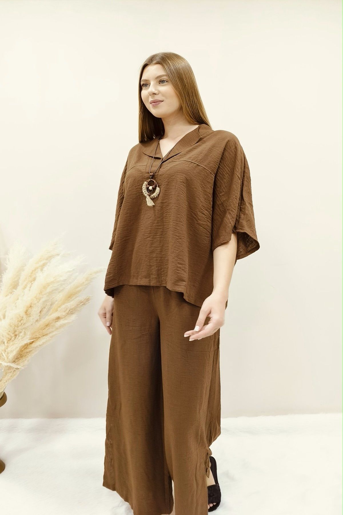 AsprinFashion KETEN KUMAŞ ALT ÜST TAKIM KAHVERENGİ