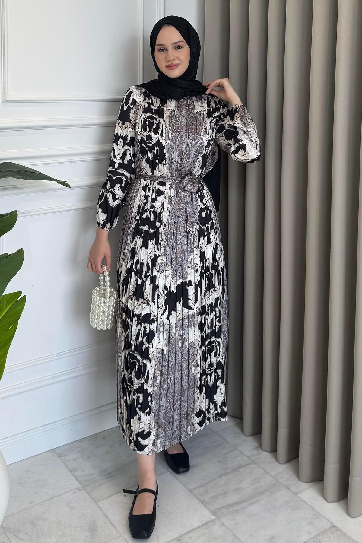 Beige Store Piliseli Desenli Elbise Çiçek Desenli