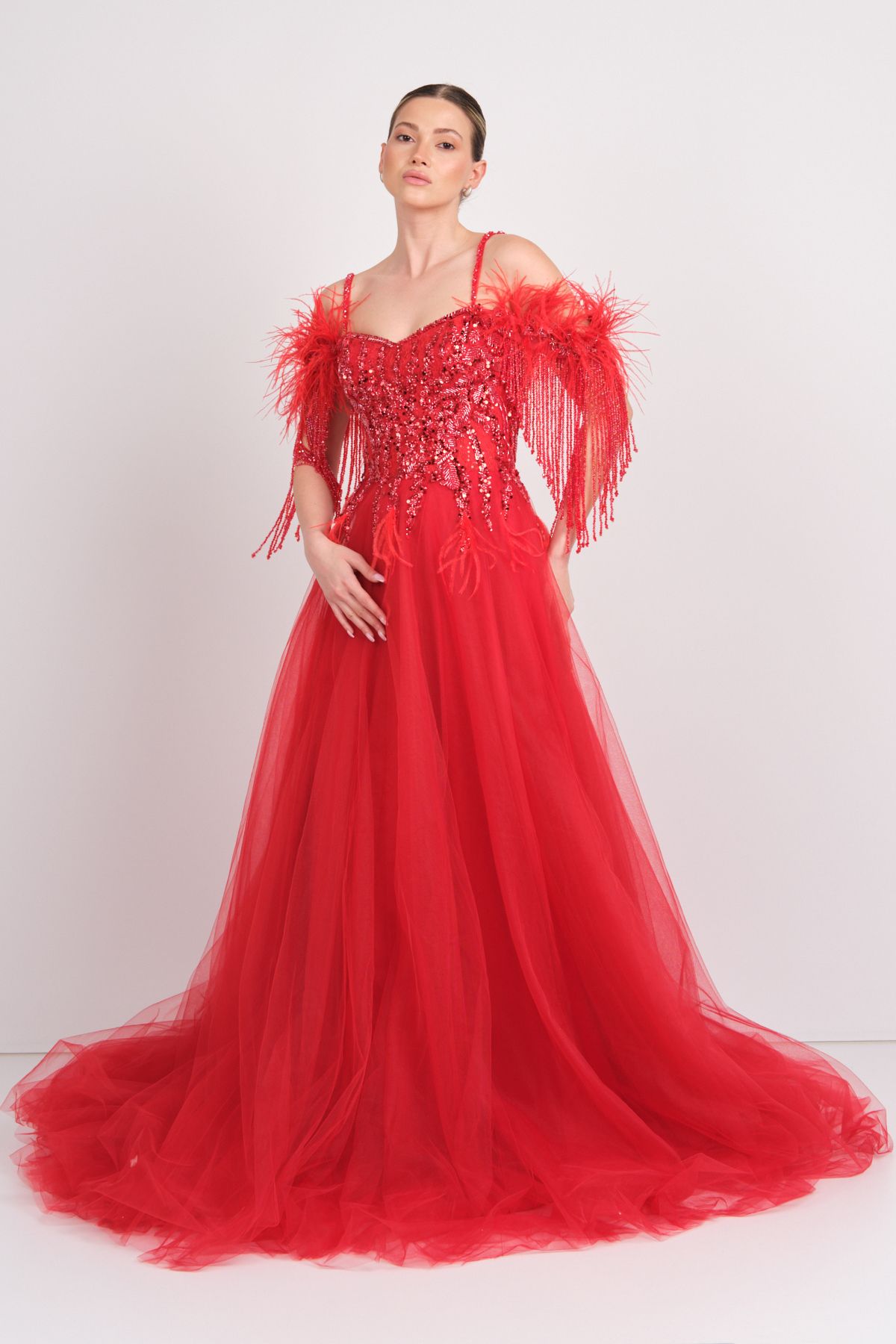 Mor Sposa Kadın Üst Full Taşlı Alt Tül Kabarık Model Maxi Abiye Elbise M100 Kırmızı