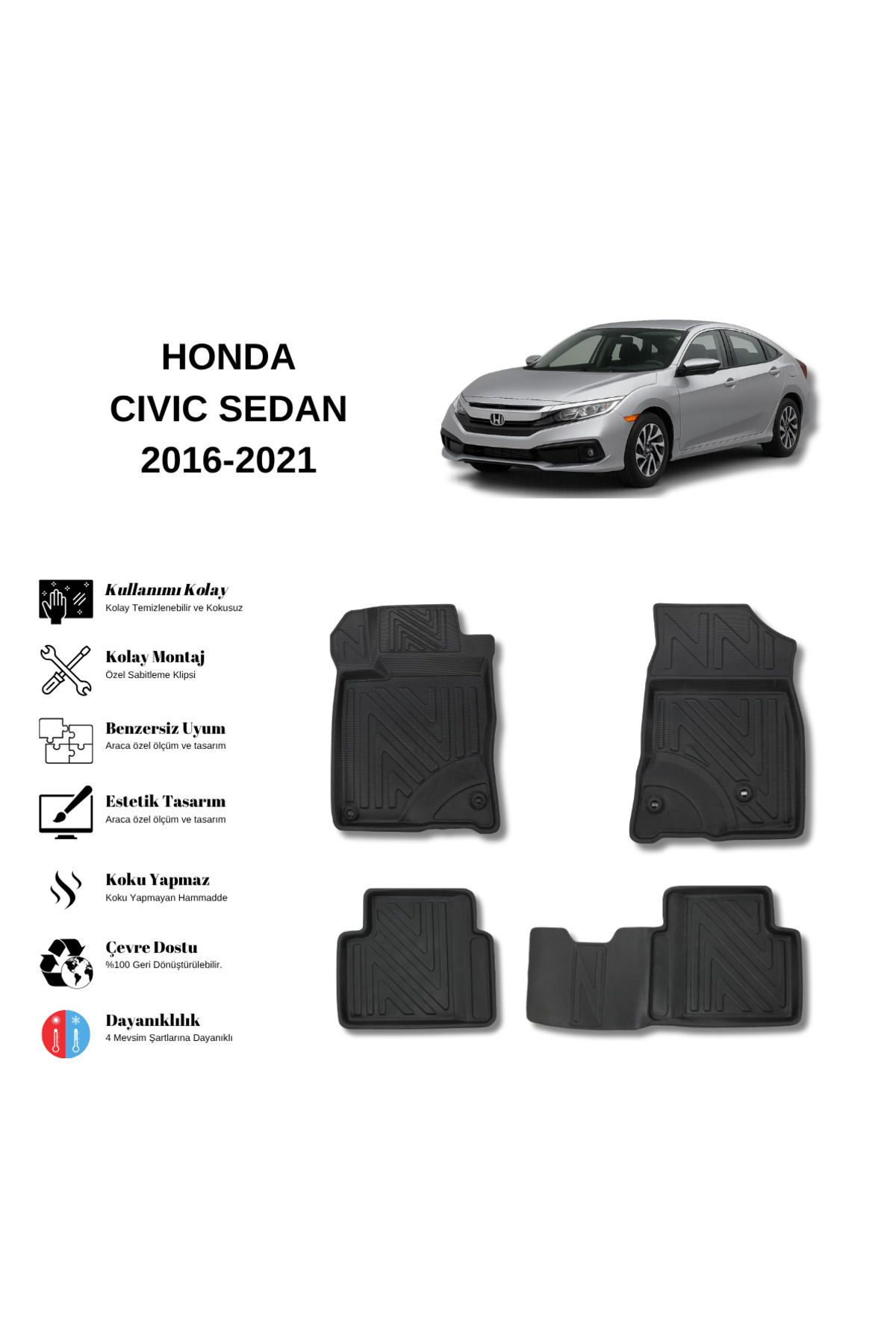 AutoWeller Honda Civic 2016-2021 Sedan 3D Havuzlu Oto Paspas