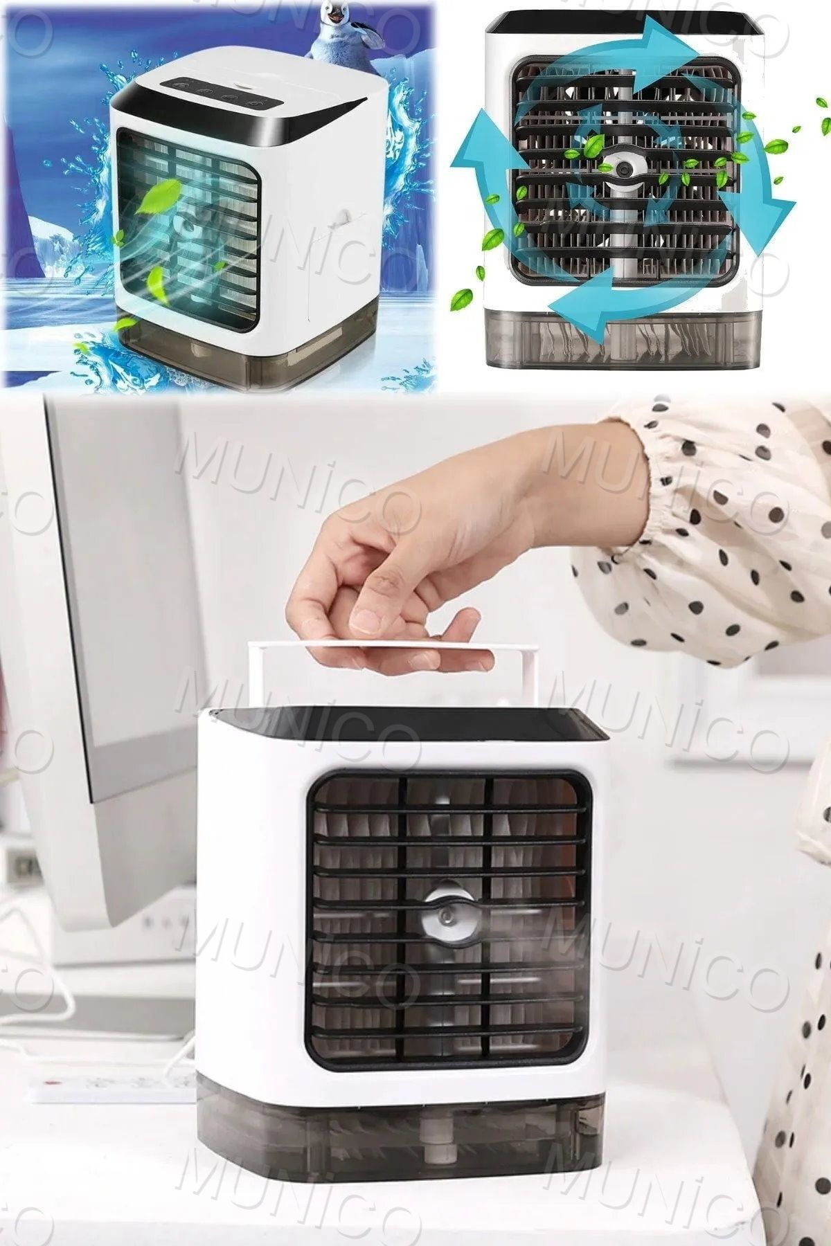 Munico Mini Su Soğutmalı Klima Soğutma Fanı Taşınabilir Nemlendirici, Mini USB Su Soğutma Fanı Mini Klima