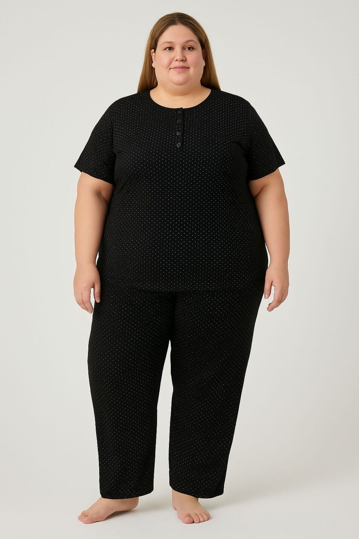 MODA Siyah Benekli Yarım Düğmeli Pijama Takımı / Battal-Büyük Beden