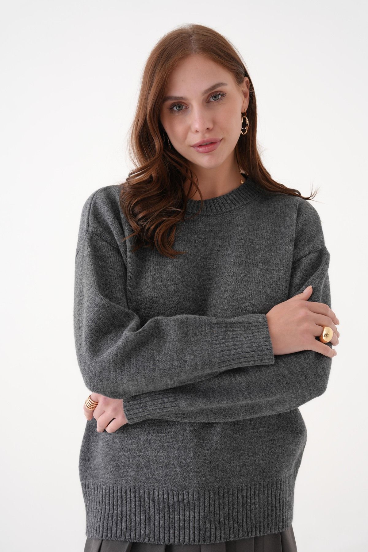 SHEMALL LUXURY Yumuşak Dokulu Antrasit Triko Kazak 25521