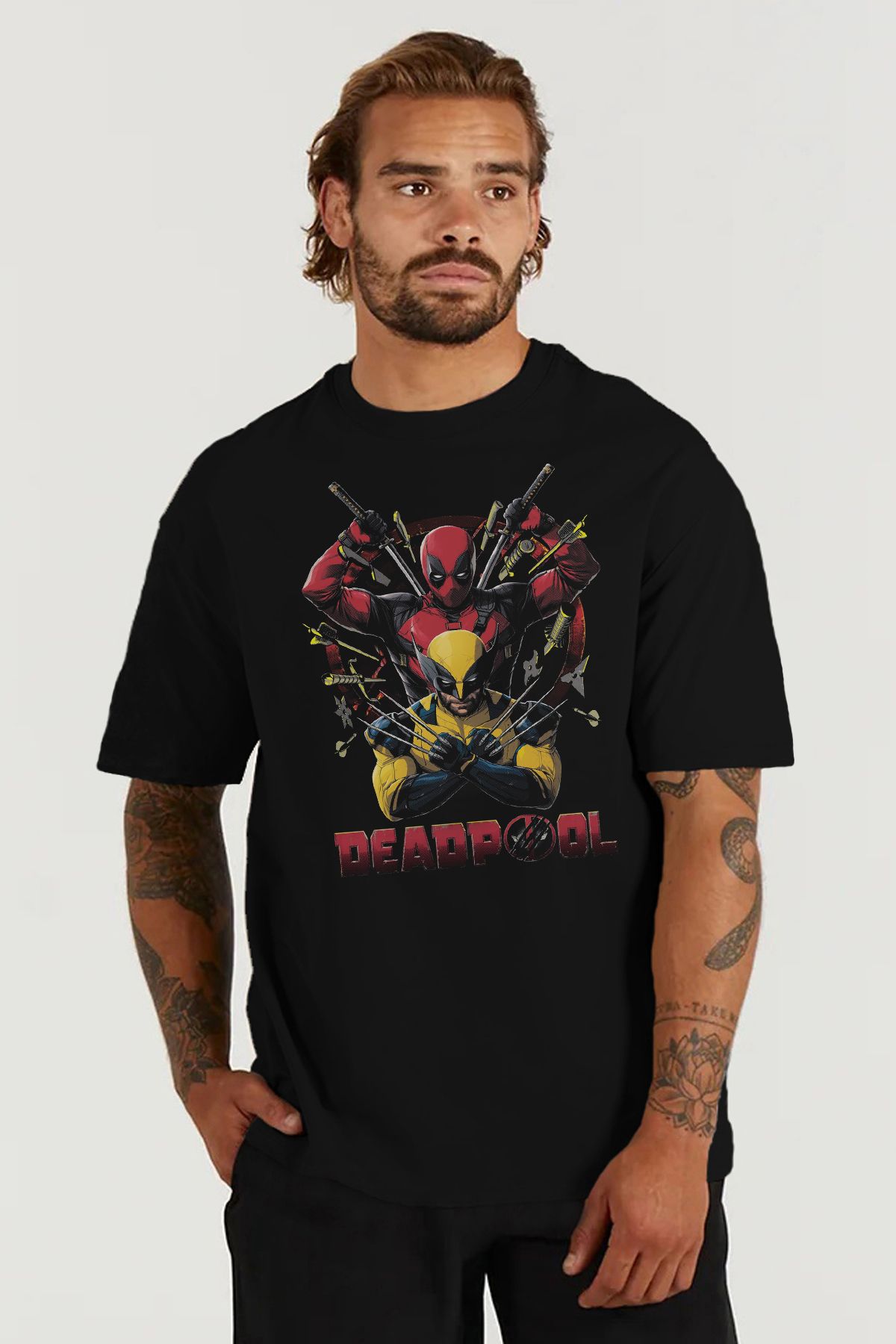 MODA Deadpool Wolverine Baskılı Oversize Kalıp Siyah Geniş Bol Kesim Erkek Tişört