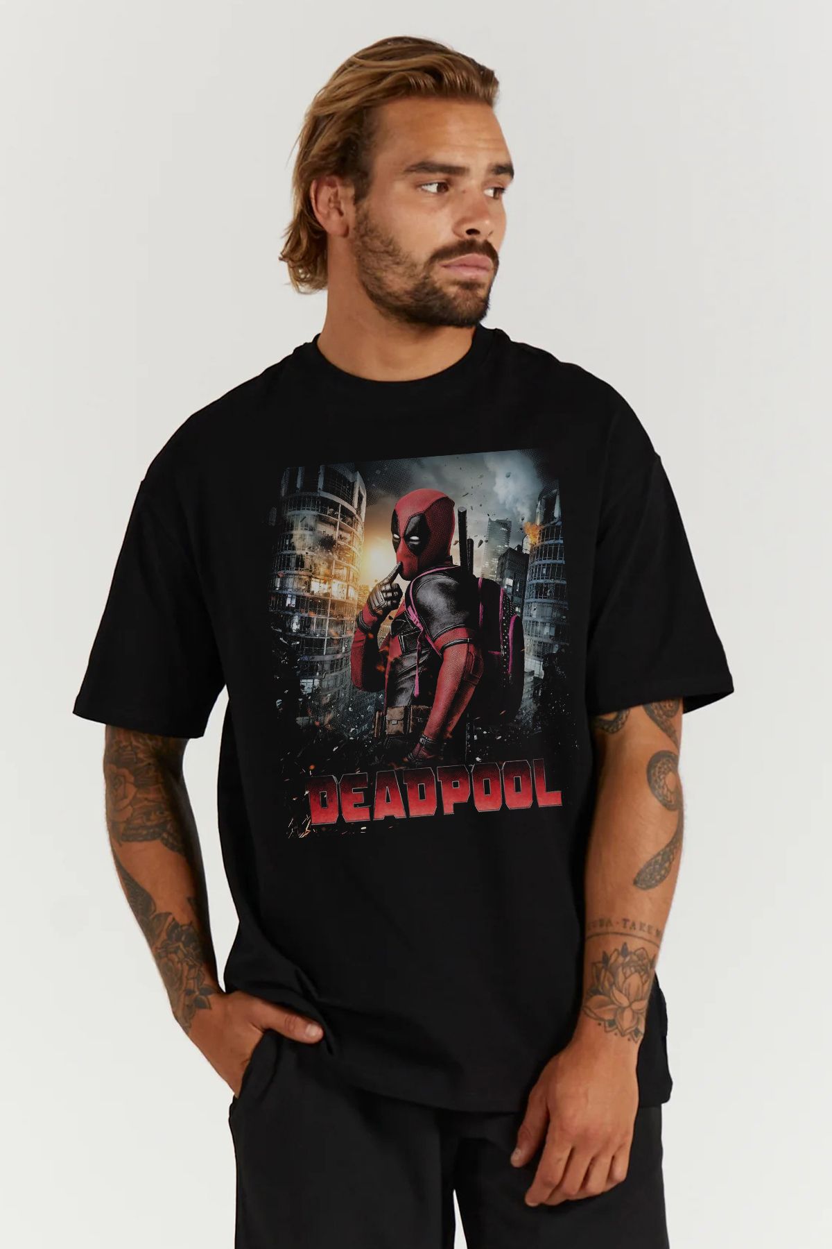 MODA Deadpool Ryan Reynolds Baskılı Oversize Kalıp Siyah Geniş Bol Kesim Erkek Tişört