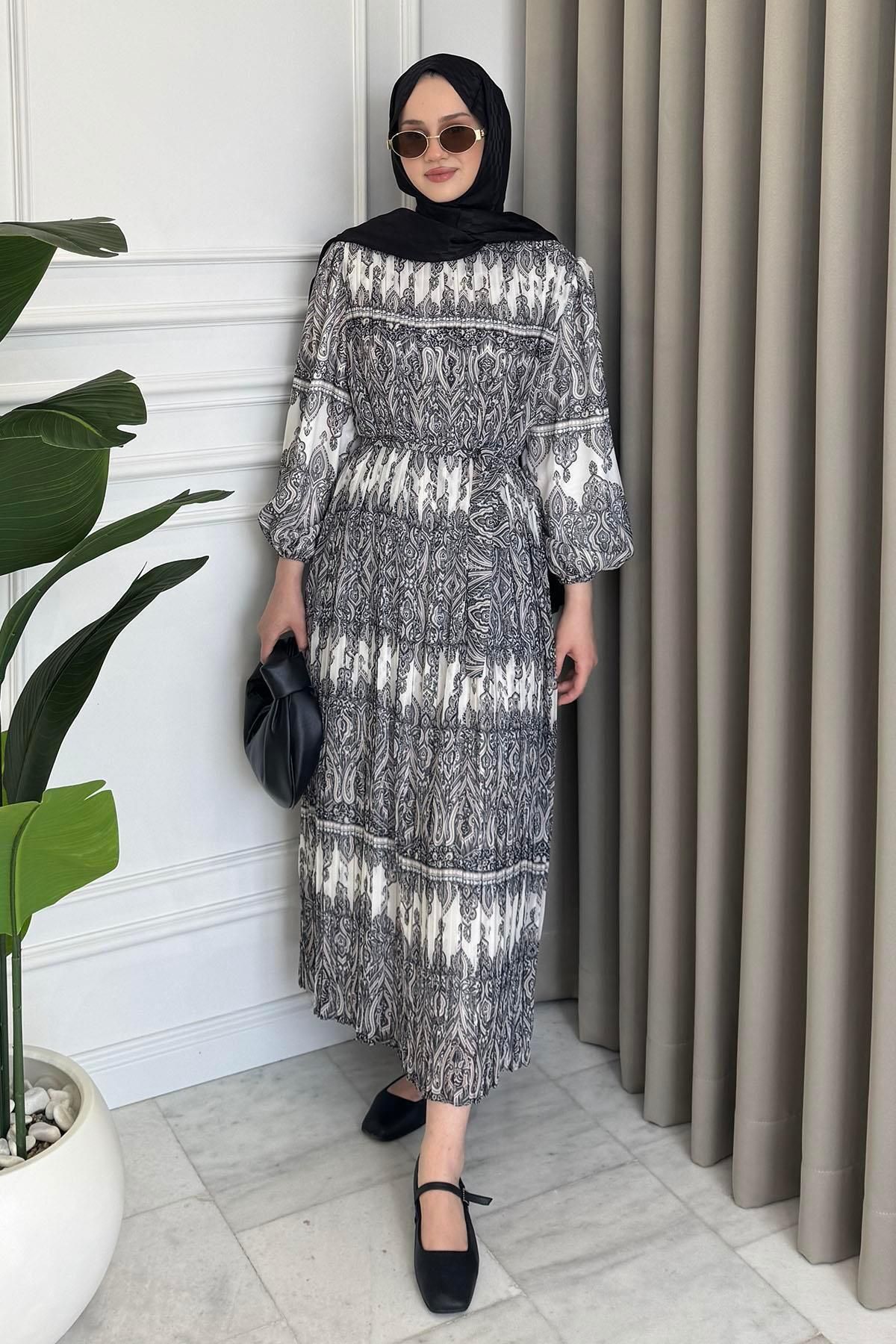 Beige Store Piliseli Desenli Elbise Siyah