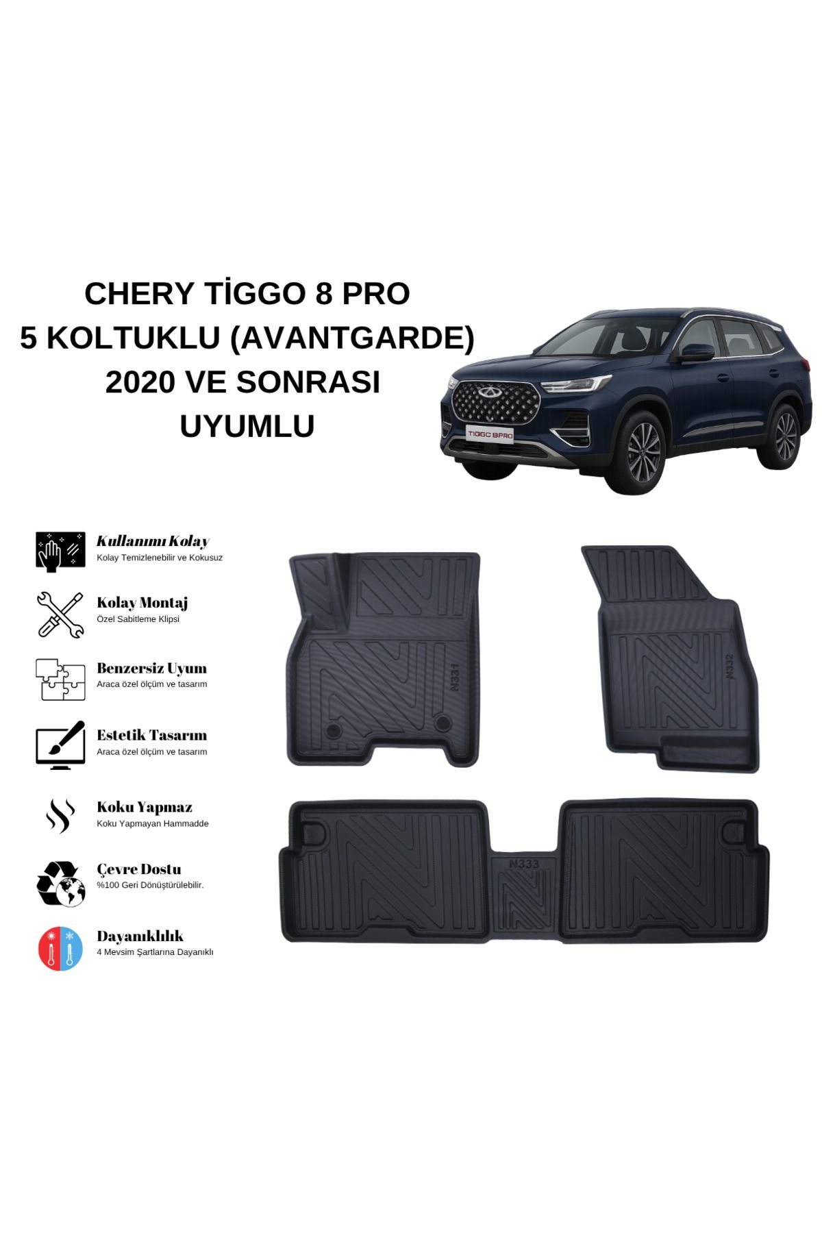 AutoWeller Chery Tiggo 8 Pro 2020 ve Sonrası 5 Koltuklu 3D Havuzlu Oto Paspas | Avantgarde