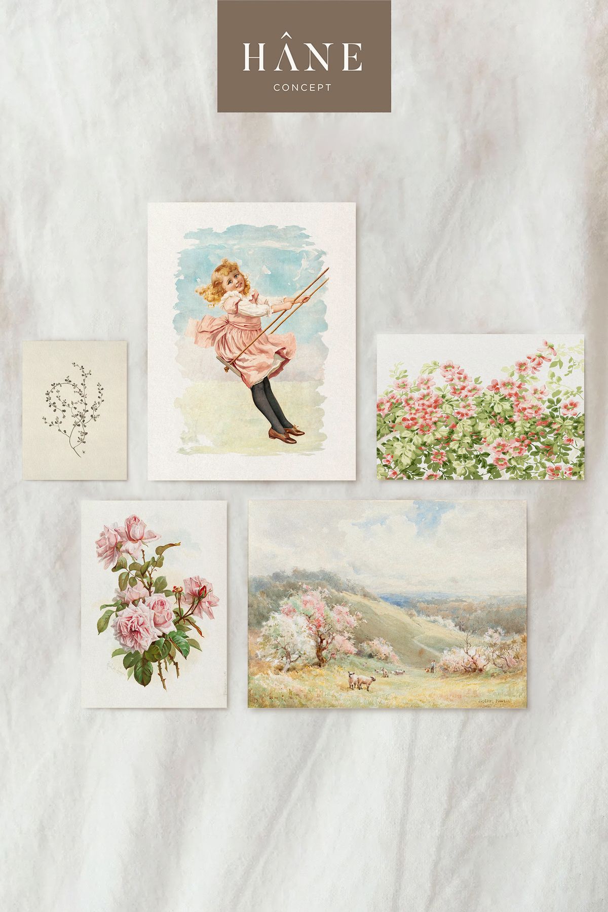Hane Concept 5'li Çiçek ve Kız Baskı Seti, Vintage Galeri Duvarı, Açık Renkli Baskı, Pembe Kız Odası Baskı Seti