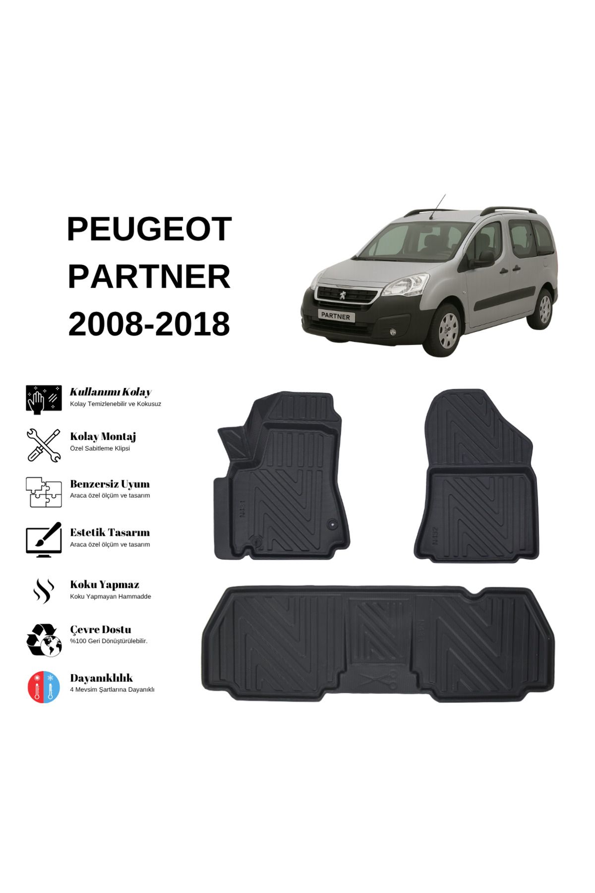 AutoWeller Peugeot Partner 2008-2018 3D Havuzlu Oto Paspas