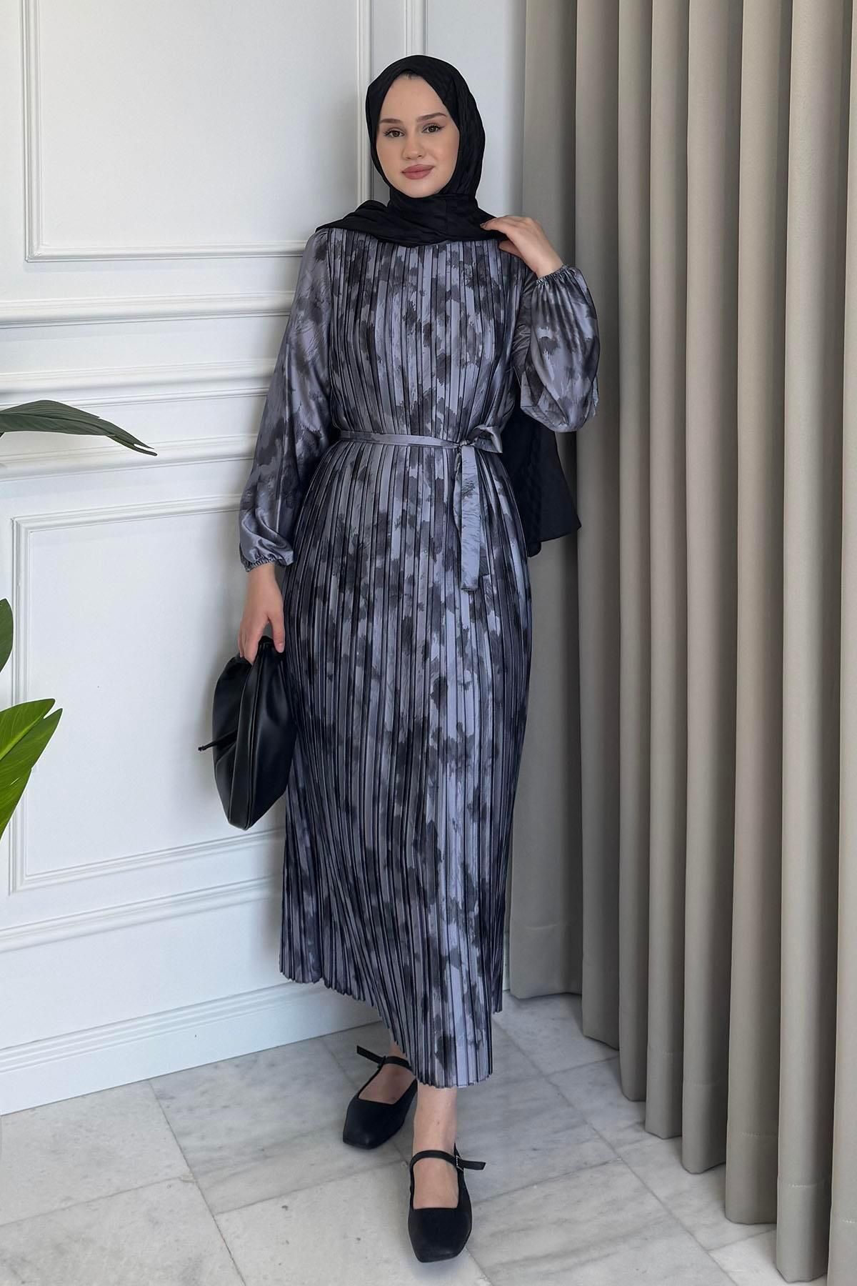 Beige Store Piliseli Desenli Elbise Mor
