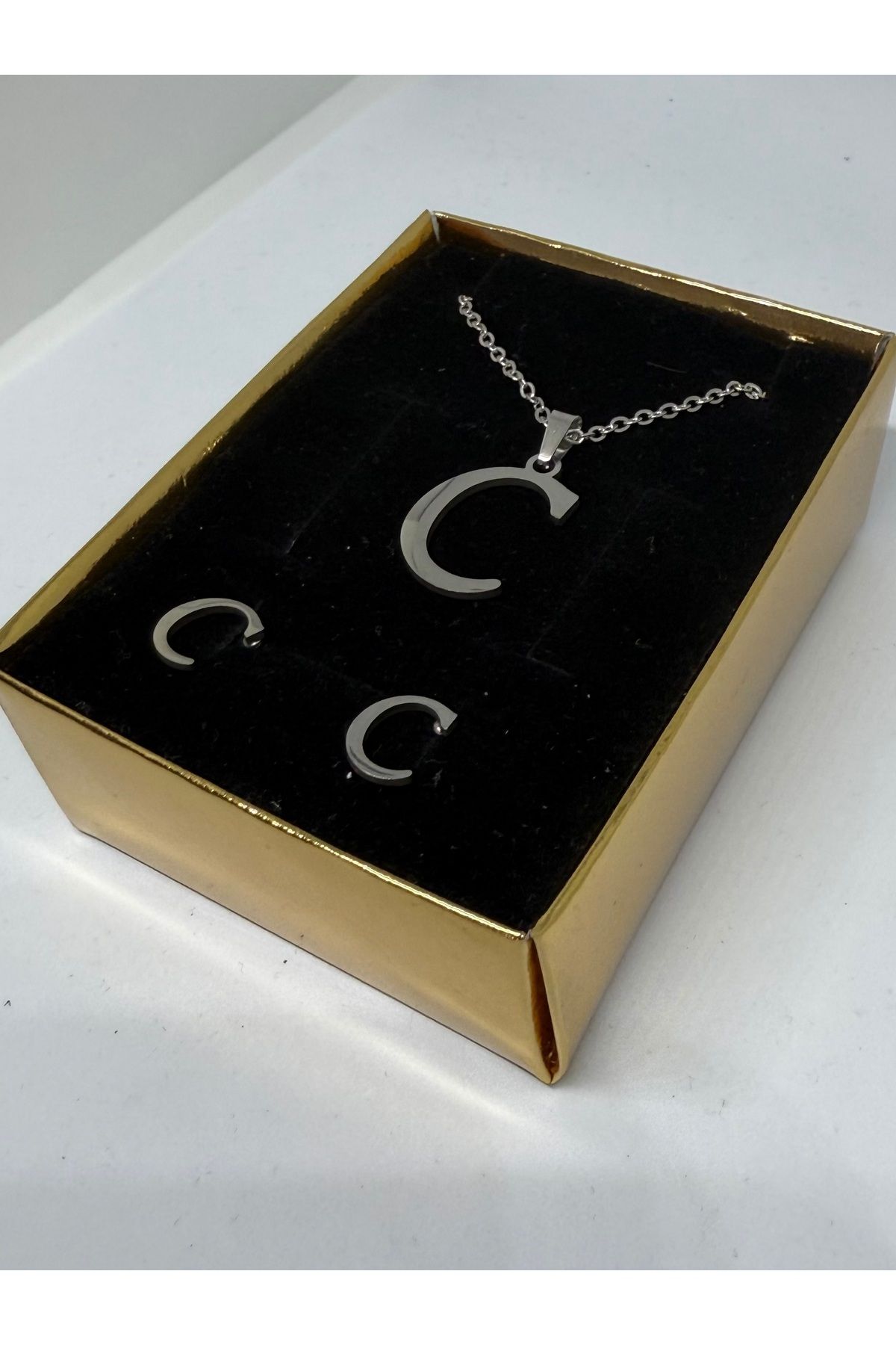 Gulsah's Store 316L Çelik silver C harfli kolye ve küpe seti