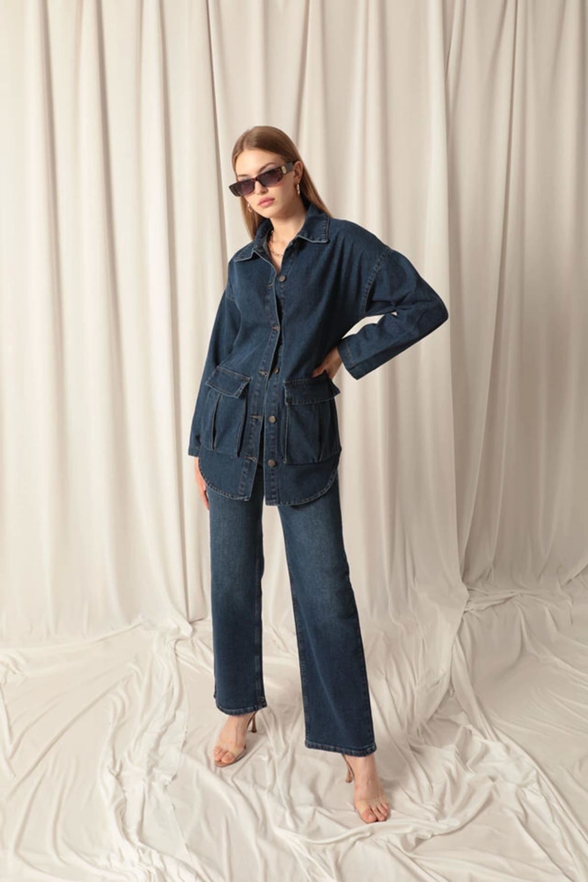 KEREM YAPI MARKET Denim Kumaş Wide Leg Kadın Lacivert Kot Pantolon