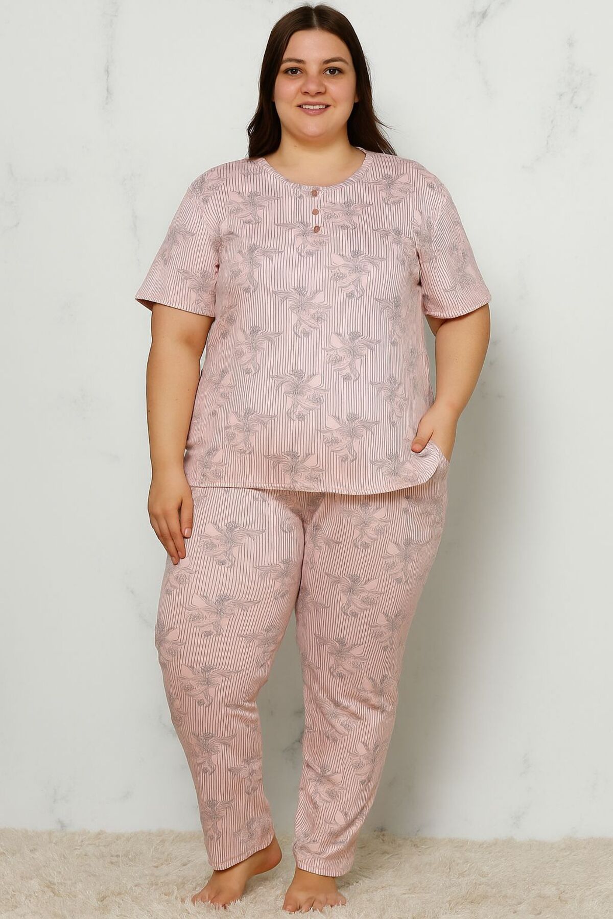 MODA BATTAL BÜYÜK BEDEN DESENLİ PİJAMA TAKIMI