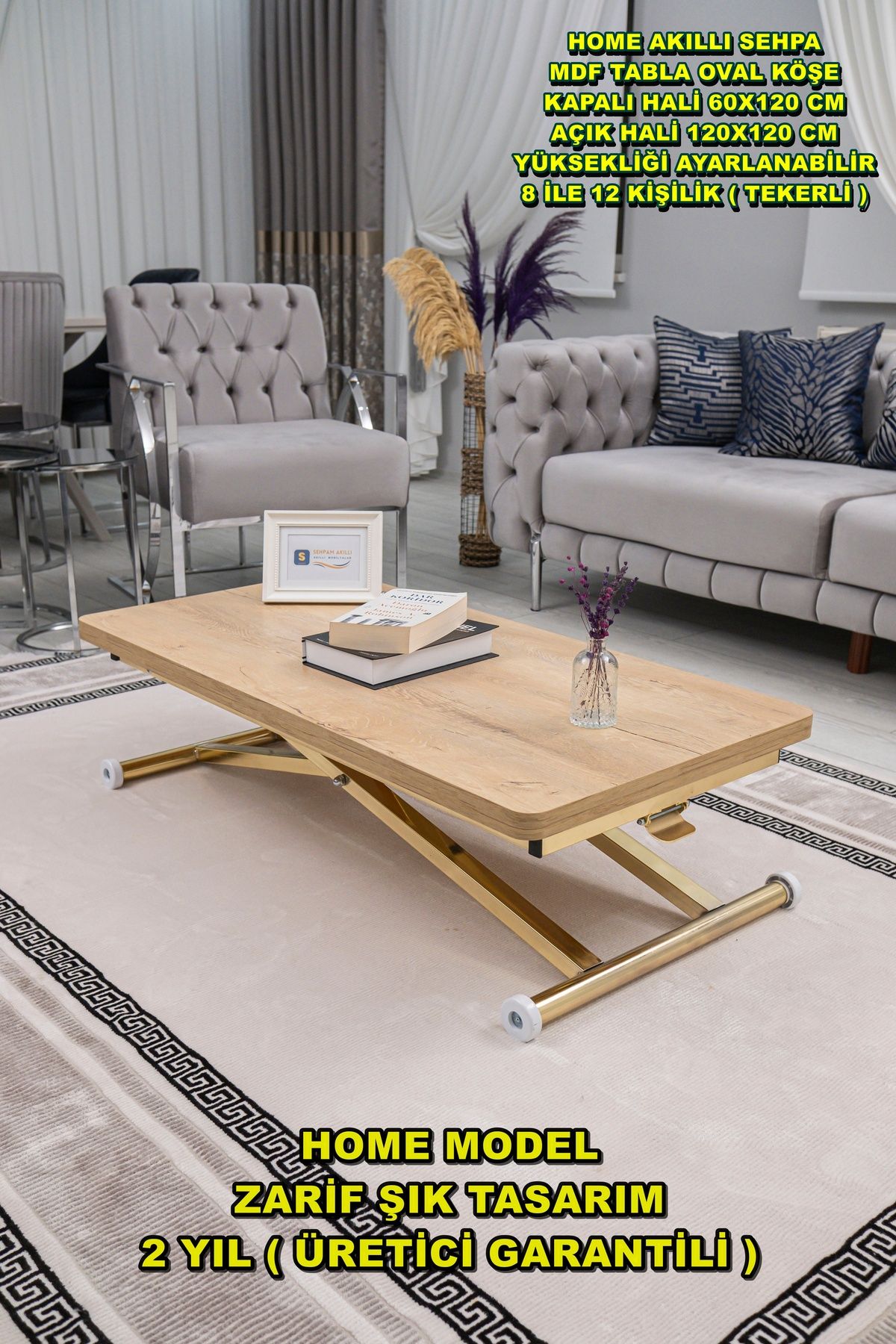 SEHPAM AKILLI Akıllı Sehpa Home Üst Tabla Mdf Alt Mekanizma Gold Kaplama