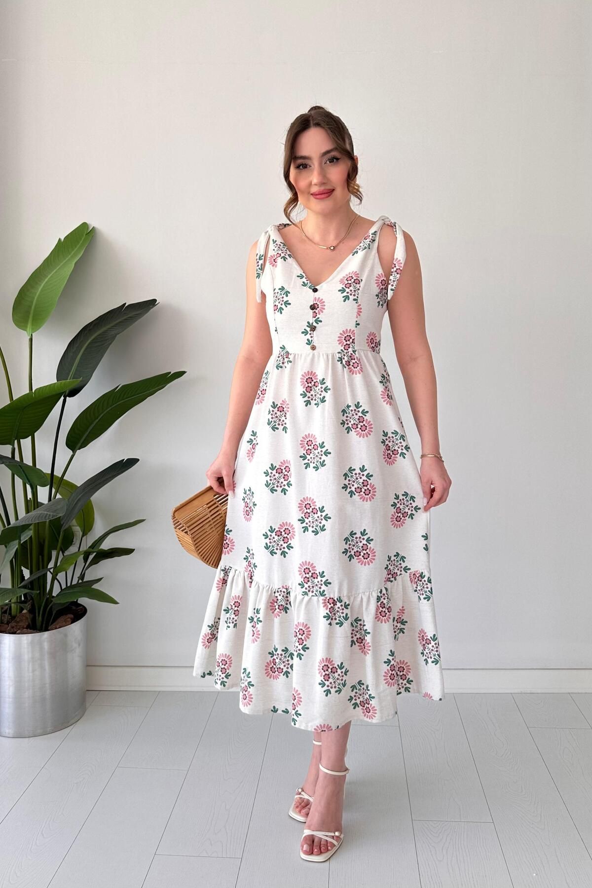 MaziButik Omuz Bağlama Çiçekli Elbise Pembe