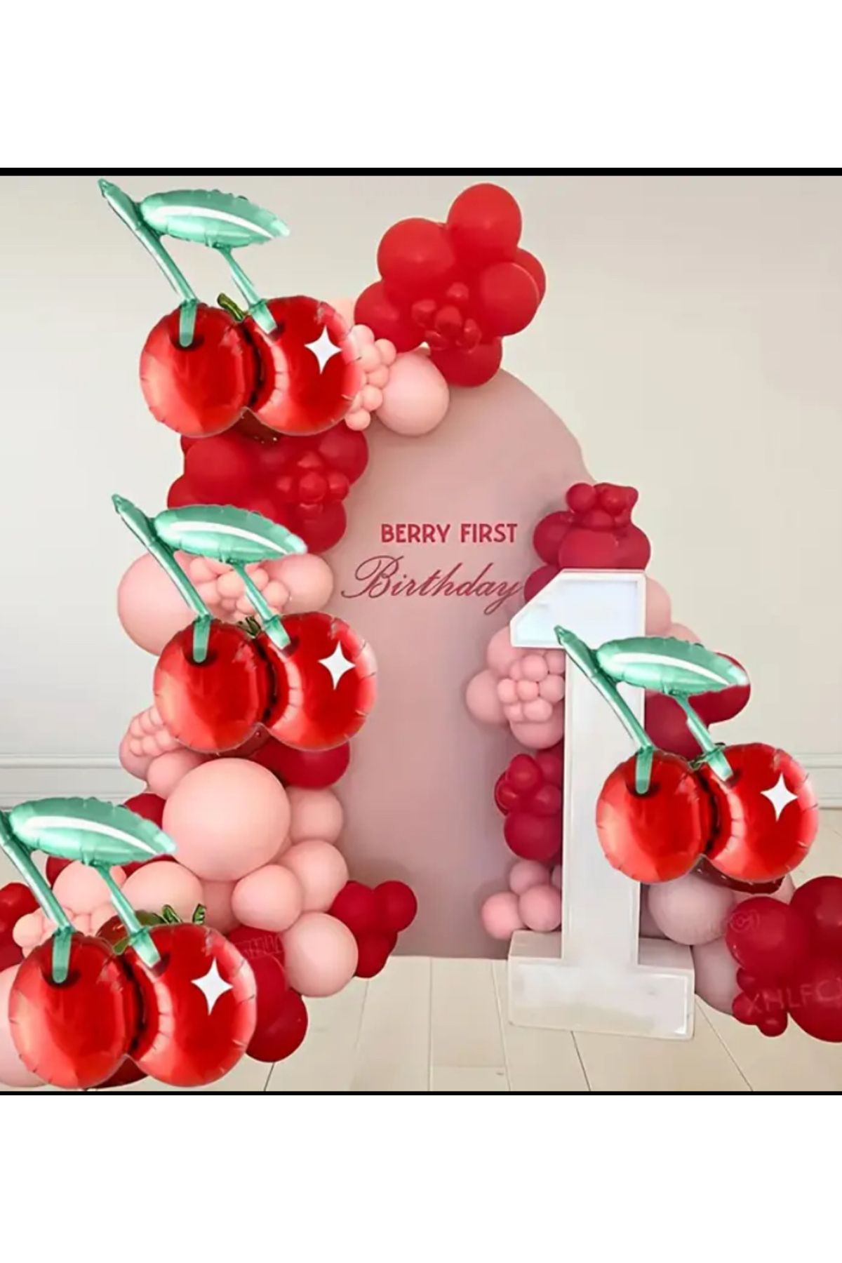 Çemrek Süs Parti Pembe Kırmızı Balon Zinciri Seti 101 li Kiraz Folyo Balon 1 Adet Dahil