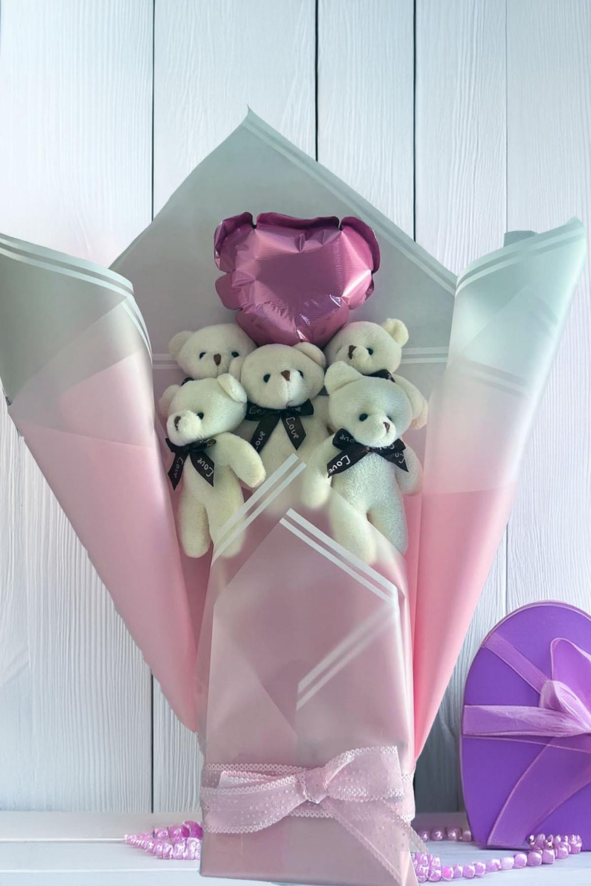 Sole Yumoş Beyaz Ayıcıklı Pembe Peluş Ayıcık Buketi – Kalpli Balonlu Romantik Hediye