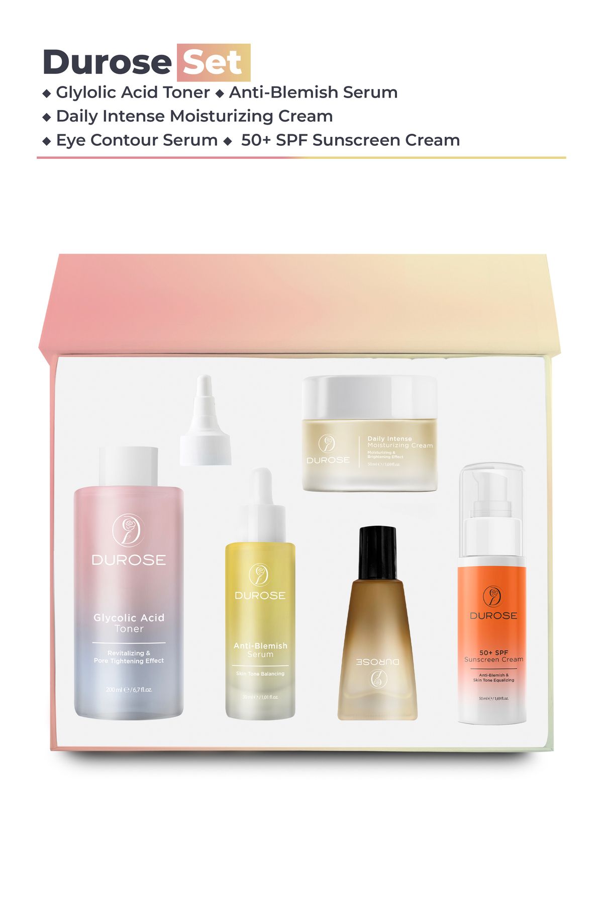 DUROSE CİLT BAKIM SETİ-ARBUTİN CİLT SERUMU,NEMLENDİRİCİ KREM,+50SPF GÜNEŞ KREMİ ,TONİK,GÖZ ÇEVRESİ