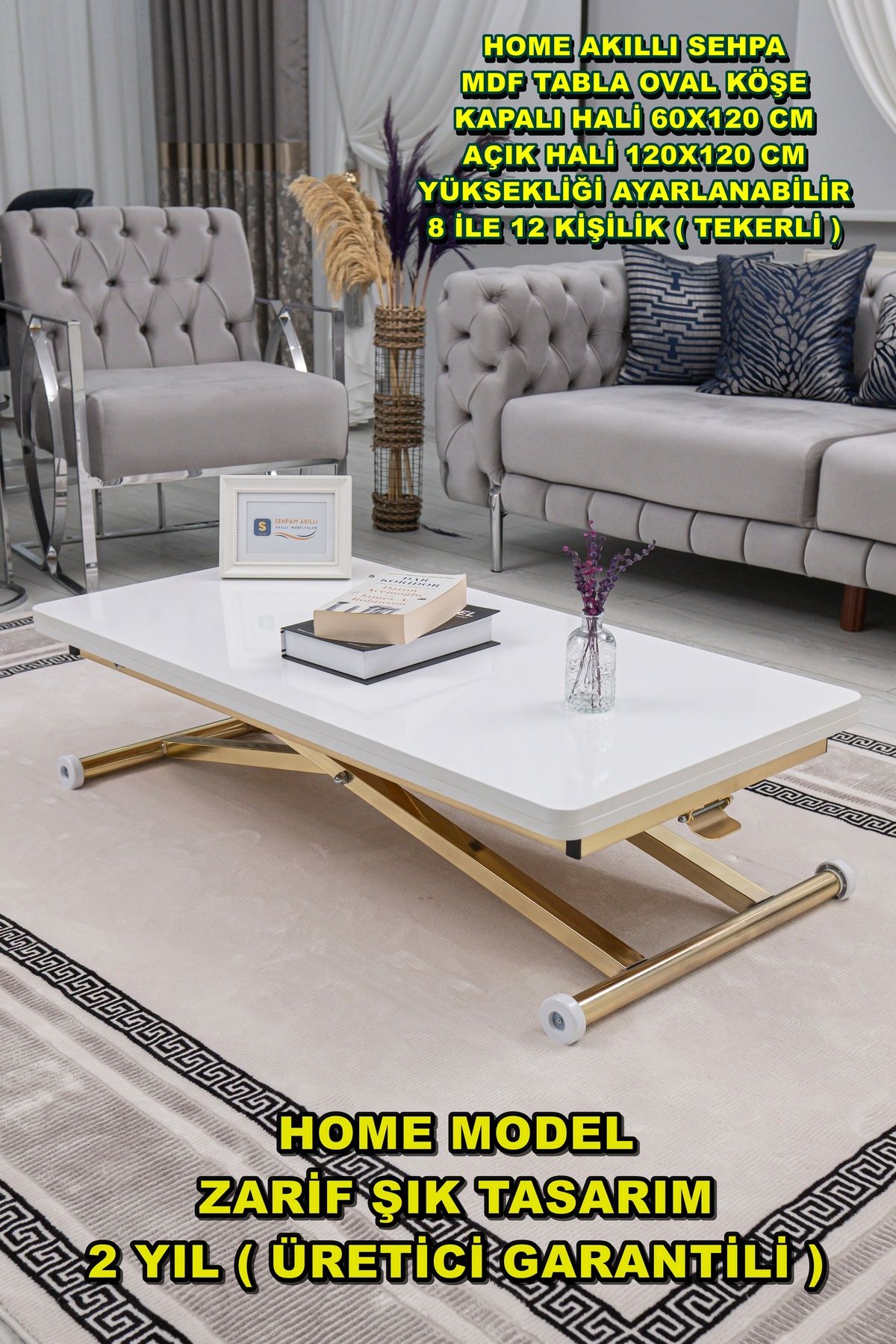 SEHPAM AKILLI Akıllı Sehpa Home Üst Tabla Mdf Alt Mekanizma Gold Kaplama