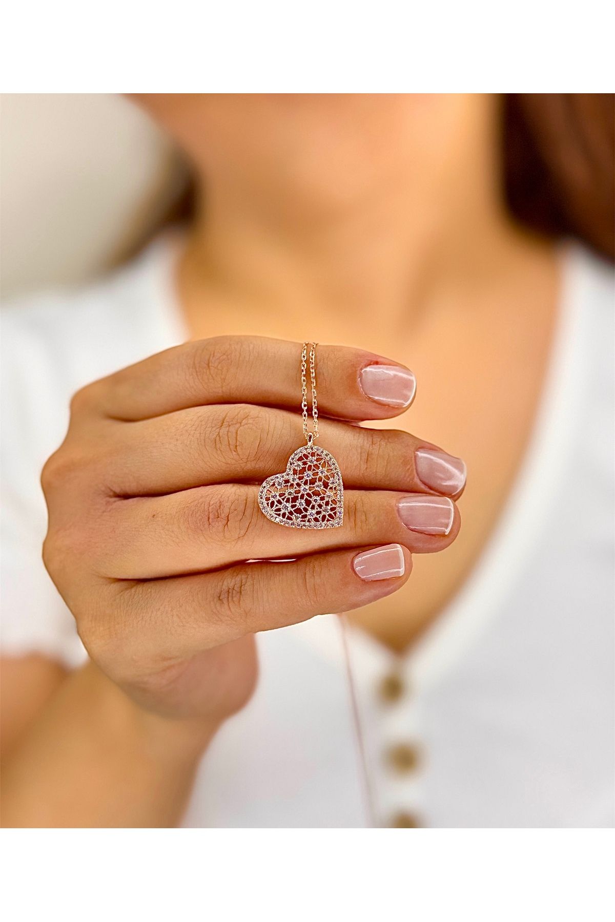 Azra Silver&Aksesuar 925 Ayar Zirkon Taşlı Kalpli Zincirli Gümüş Kolye