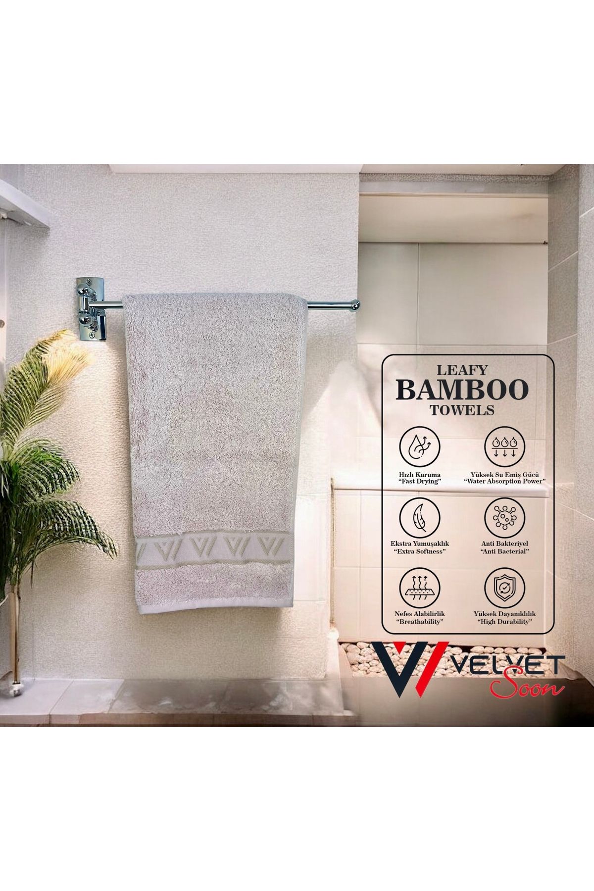 Velvet Soon Bambu Pudra V Bordür 50x90 El Ve Yüz Havlusu