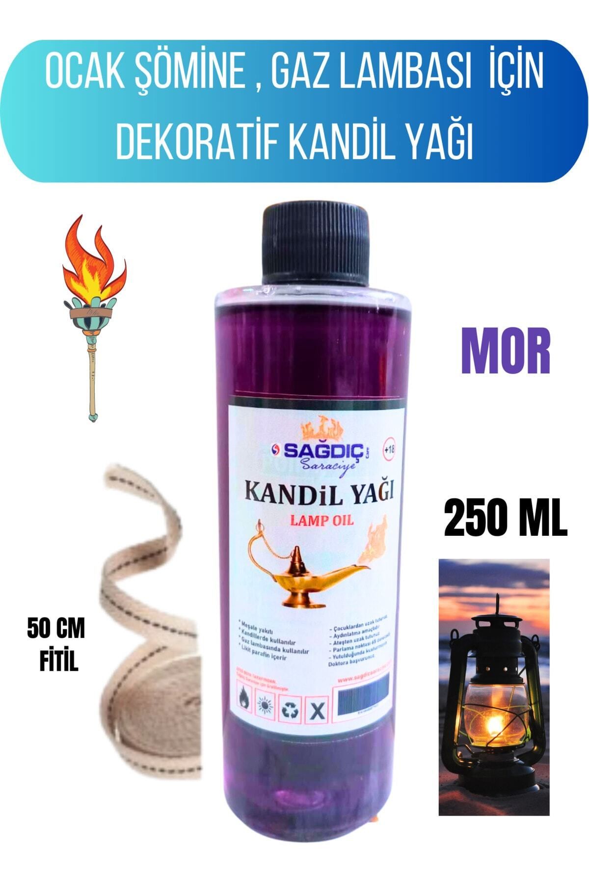 DEKORANLA Kandil Yağı, Kokusuz, Dumansız, İç Mekan, 250 ml + 50 cm Fitil, Mor Renkli