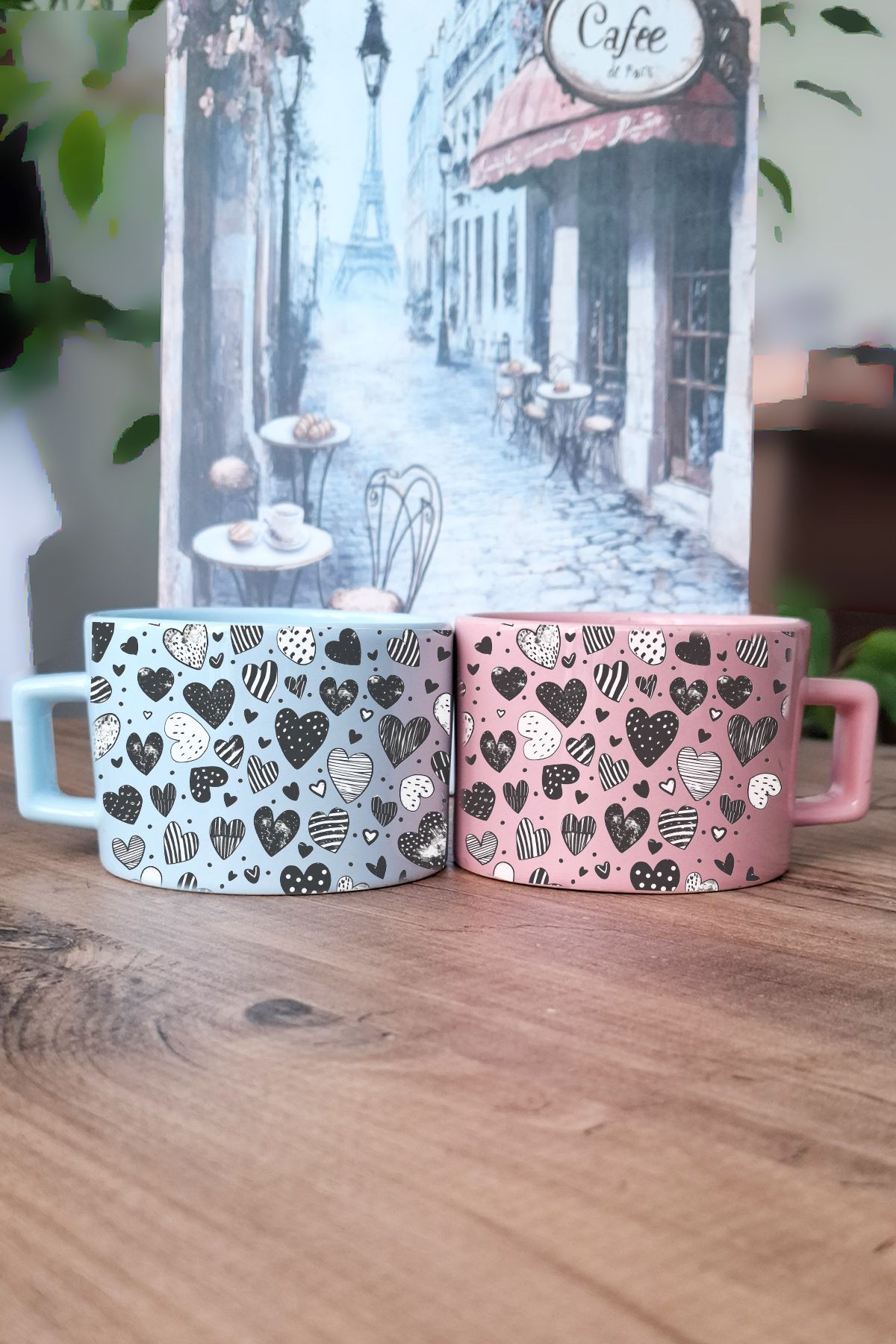 qoeuyl boutique Kalp Baskılı Sunum Çeyizlik Pembe Mavi İkili Kupa Bardak Fincan Seti