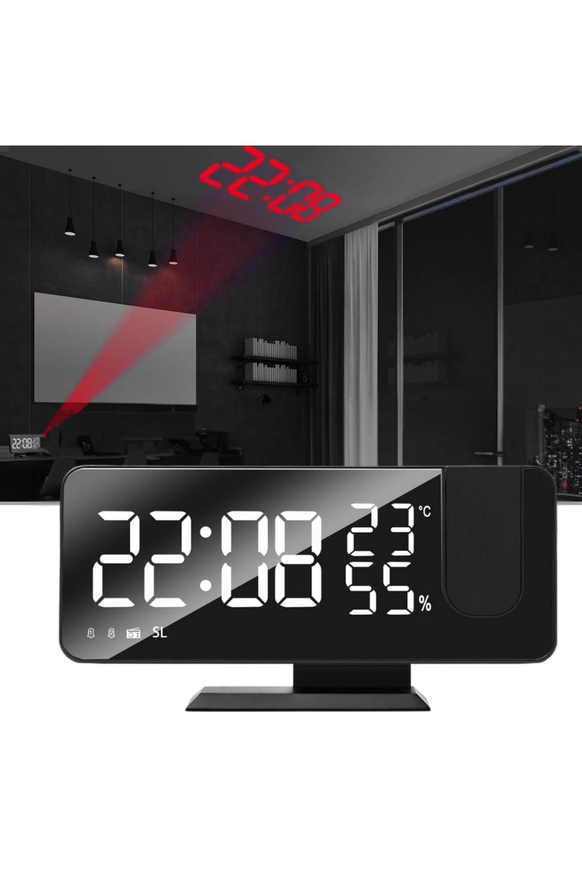 DEKORANLA Projeksiyonlu LED dijital masaüstü alarm saati, sıcaklık göstergeli, USB bağlantılı