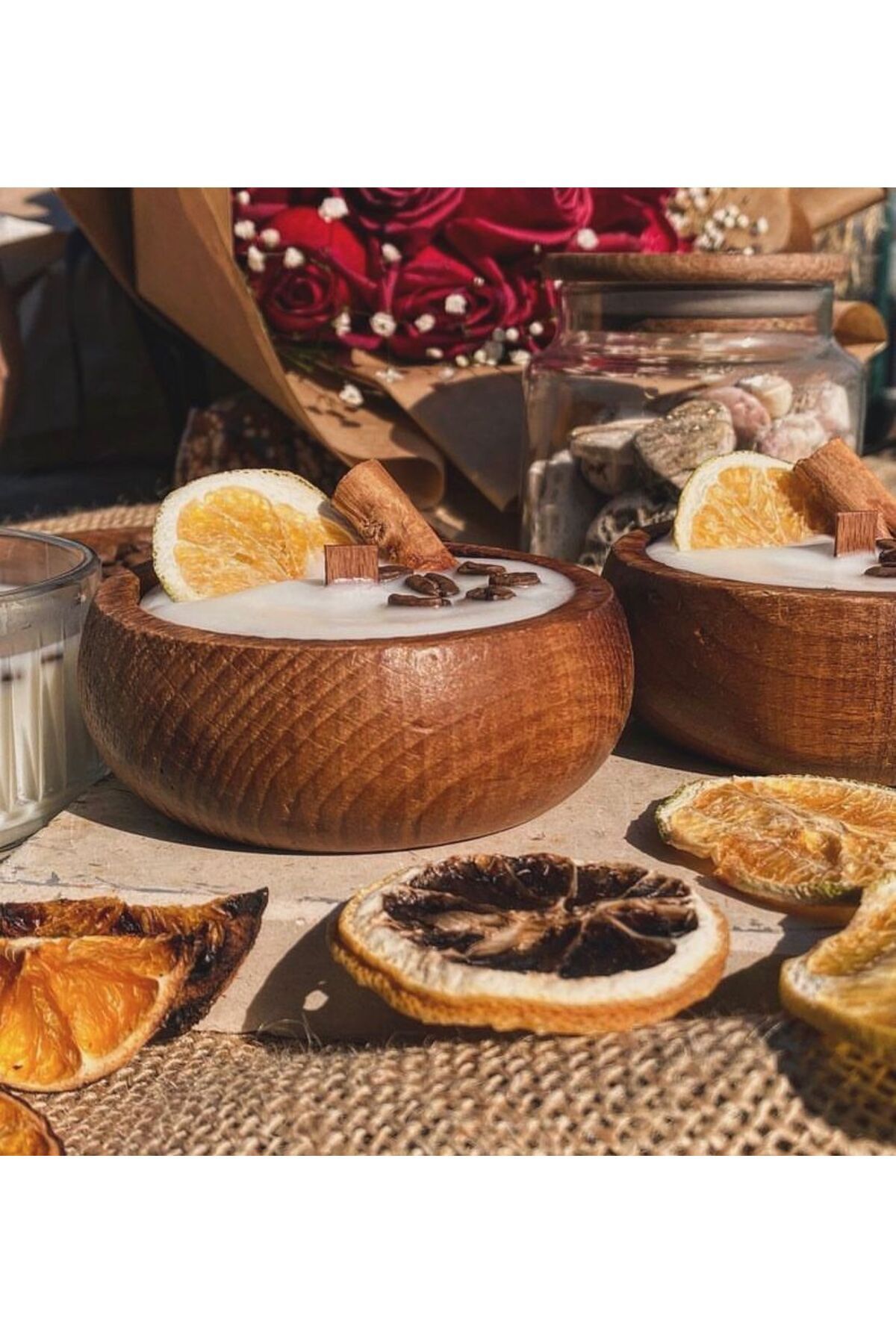 DEKORANLA Bambu kaseyle ahşap fitilli doğal soya mum çikolata aromalı, huzur ve rahatlık sağlar