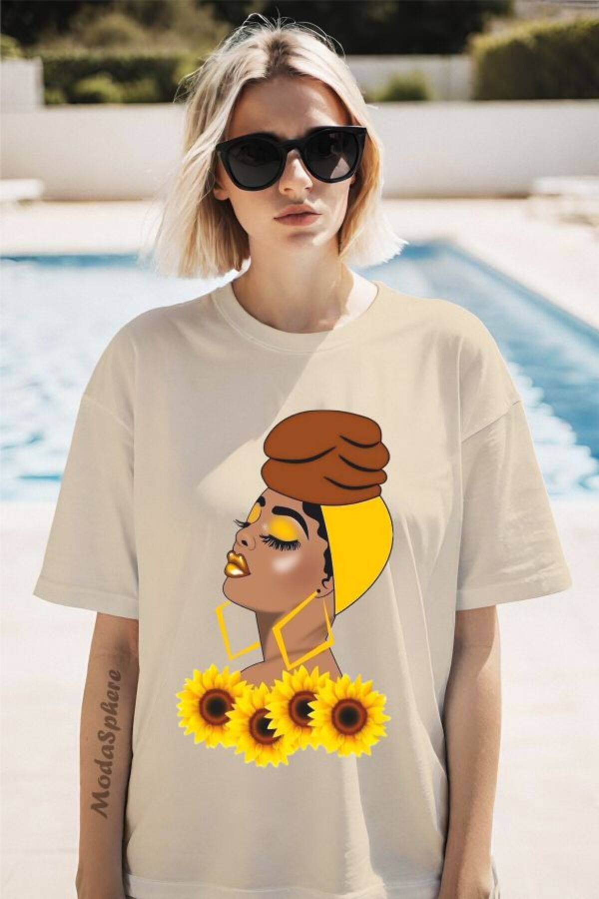 ModaSphere Bandanalı Kadın Baskılı Kısa Kollu Oversize Tişört