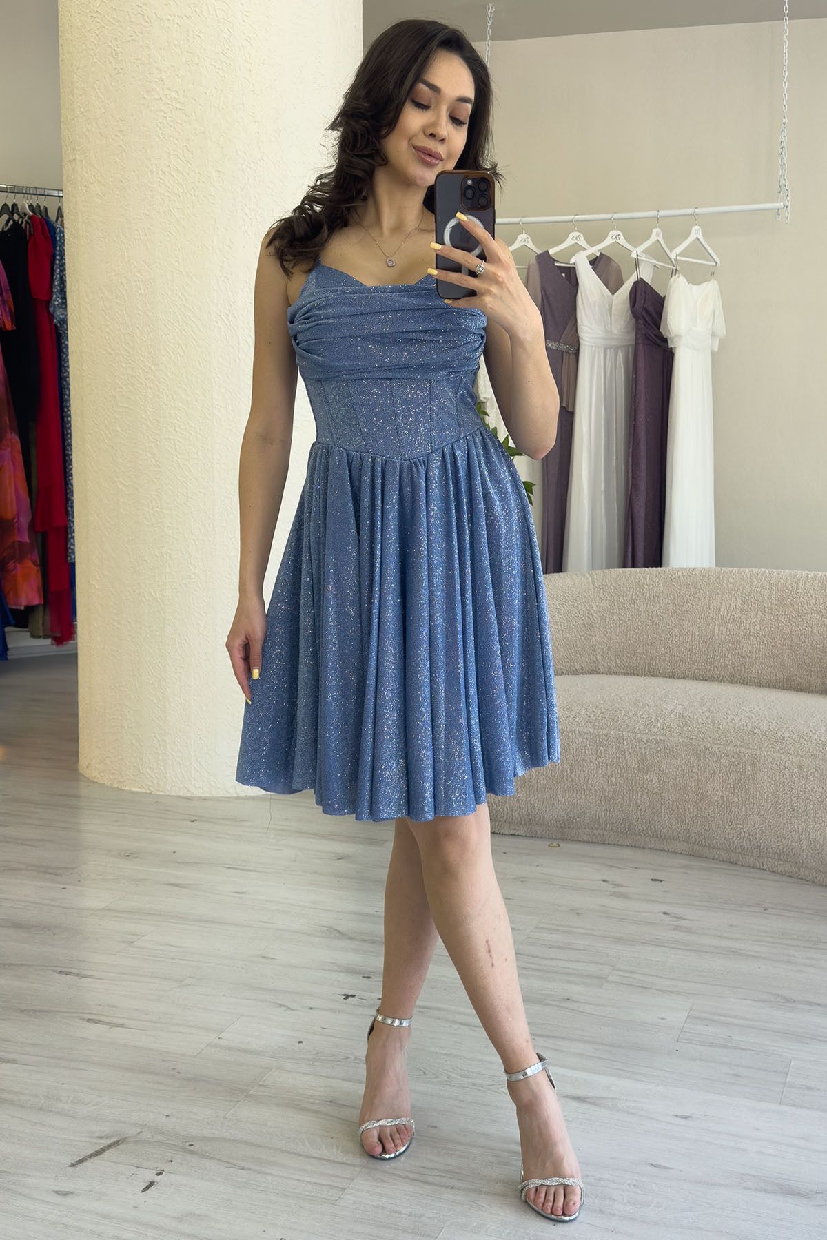 thezkscom Kadın Simli Drape Detay Askılı Mini Kloş Abiye Elbise İndigo, Lacivert, Siyah