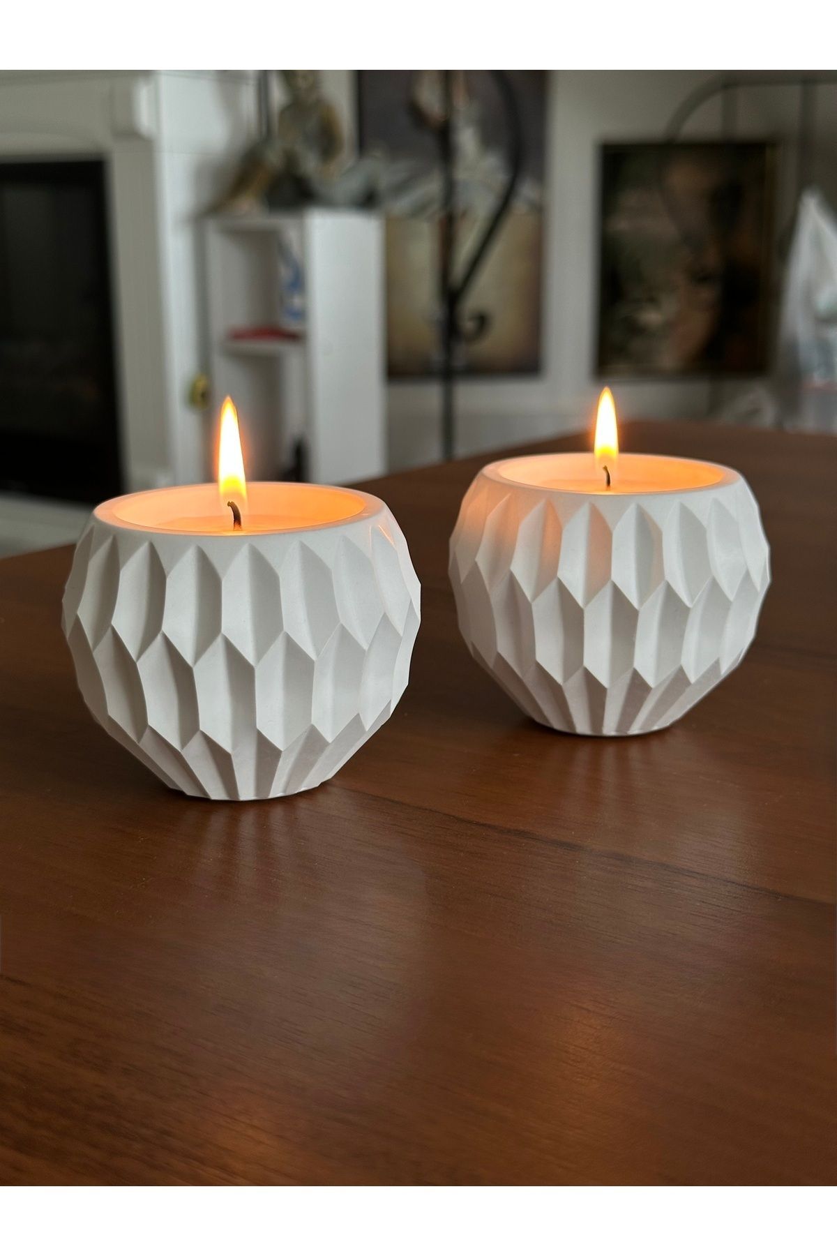 DEKORANLA 2'li Beyaz Beton Soya Parafin Mum, Asimetrik Geometrik Desenler