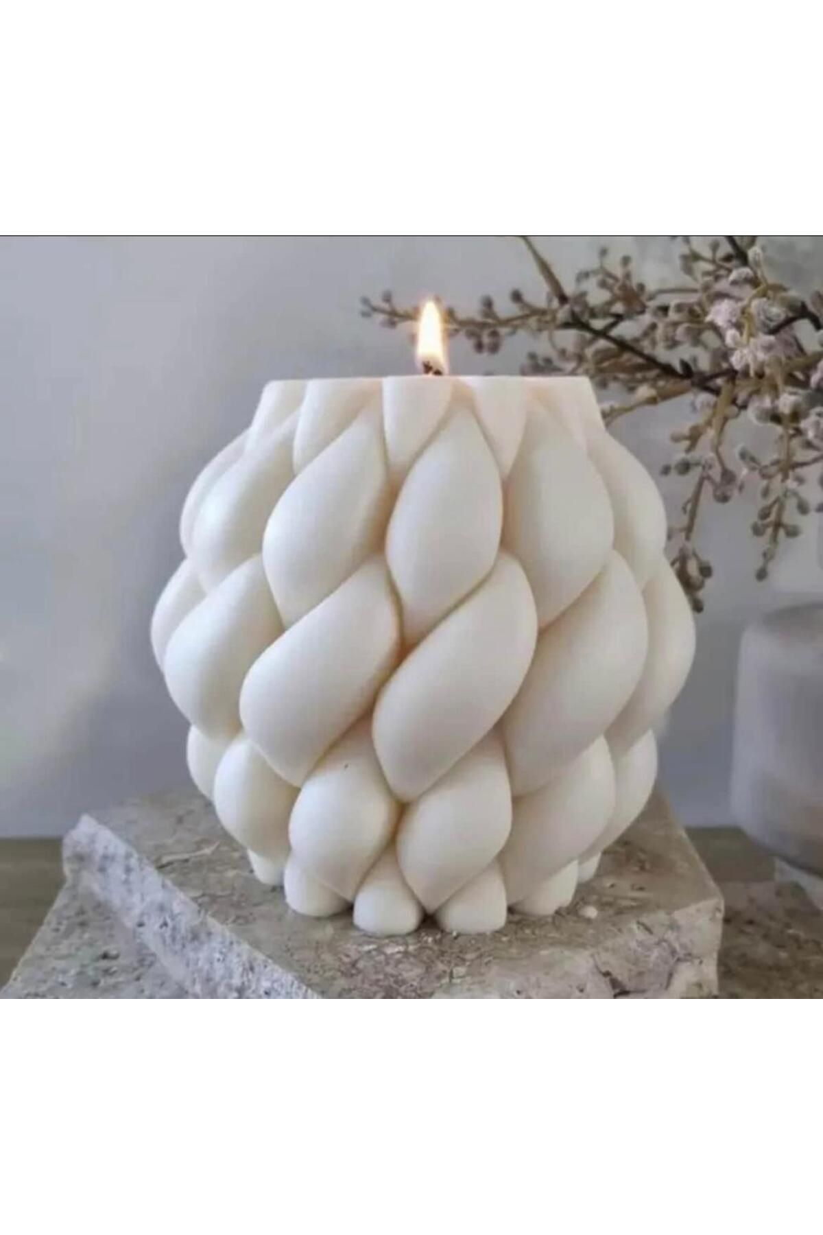 DEKORANLA Büyük Örgü Dekoratif Kokulu Doğal Mum, %100 Soya Wax, Beyaz