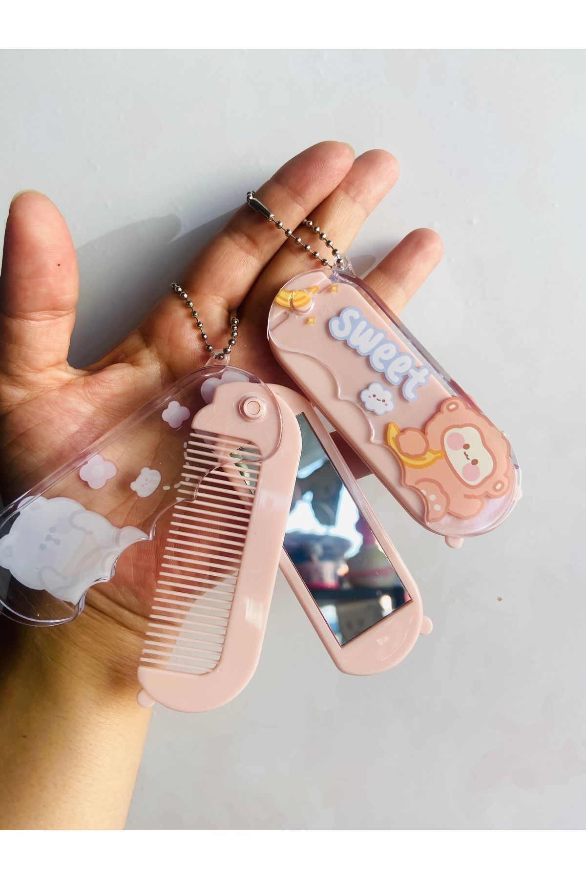 synshop Kawaii Teddy Ayıcık Pudra Pembe Aynalı Tarak Anahtarlık Çanta Süsü
