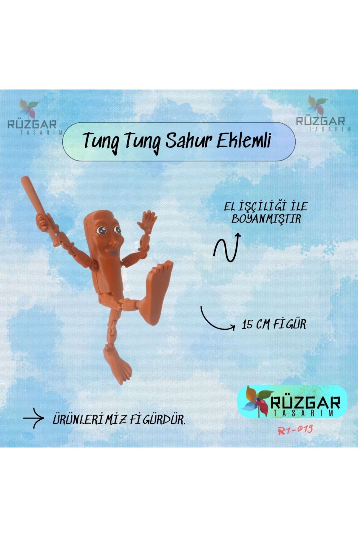Rüzgar Tasarım Tüm Eklemleri Hareketli Tung Tung Tung Sahur Brainrot 15 cm Karakter Figür Oyuncak