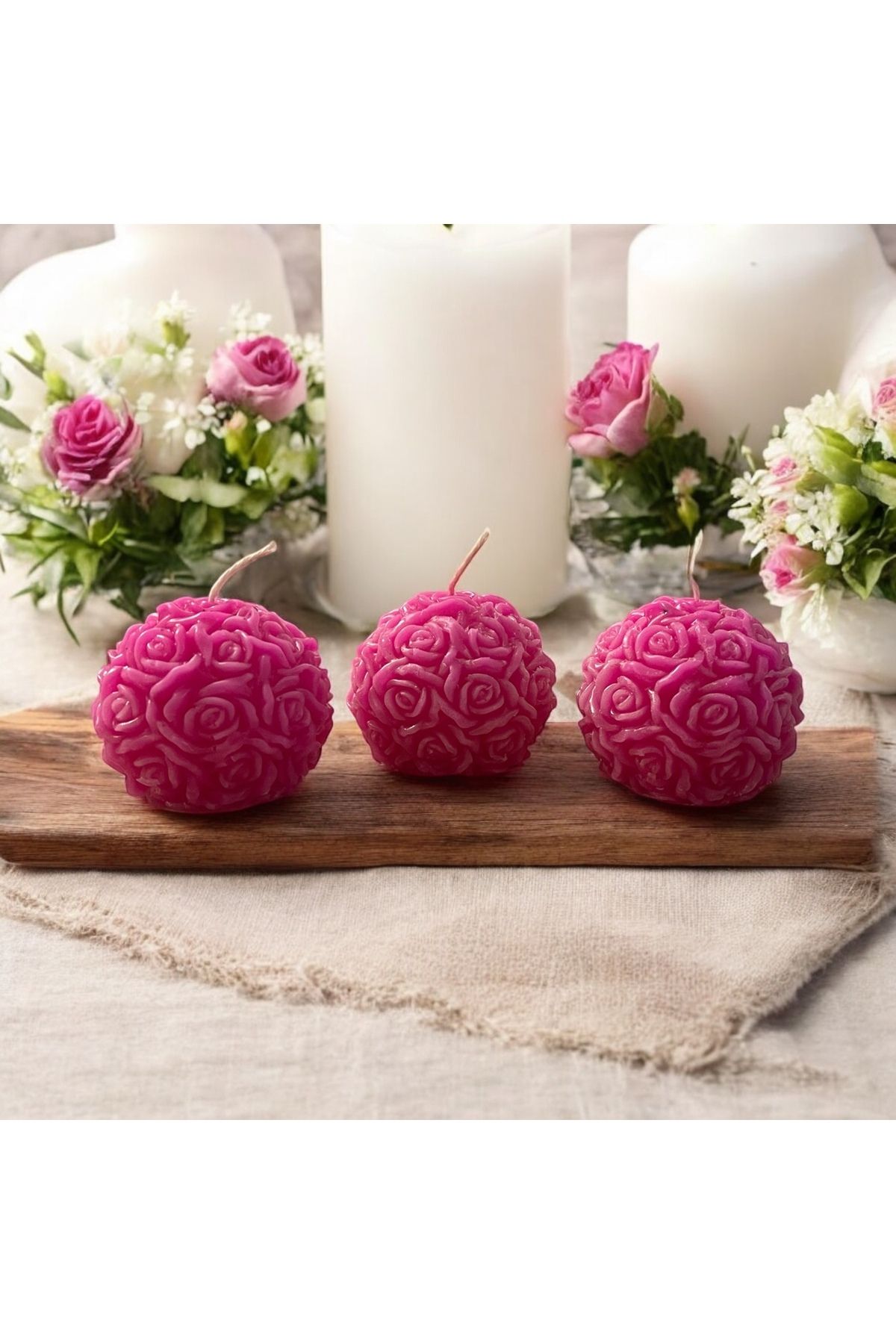 DEKORANLA 3'lü Gül Mum Yuvarlak Buket Pembe Renkli Kokulu Hediye