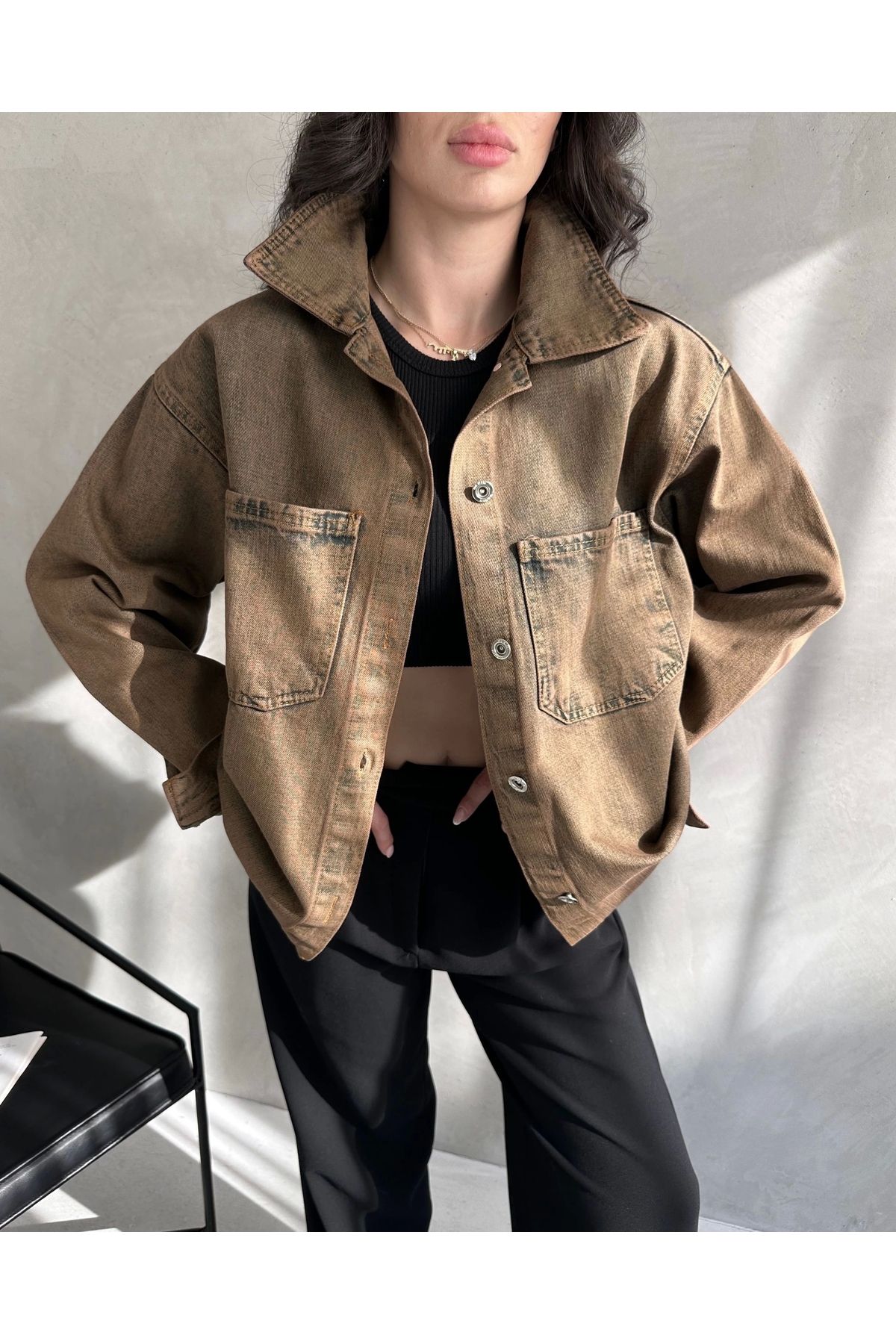 KEREM YAPI MARKET Çift Cepli Oversize Denim Gömlek Ceket