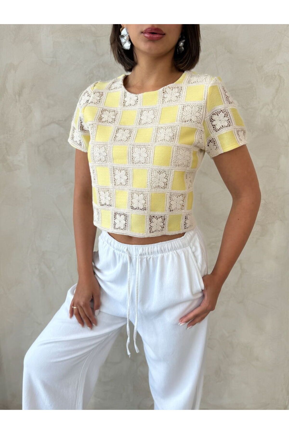 studio fashion 1988 Sarı Kısa Kollu Dama Desen Tığ İşi Pamuk Bluz
