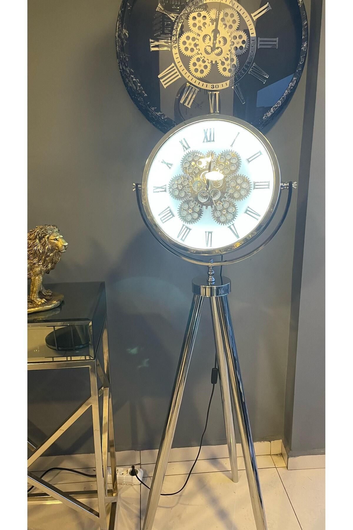 DEKORANLA Beyaz LED'li Metal Tripod, Krom Ayaklı, Çarklı Saat ile Şık ve Dayanıklı Tasarım